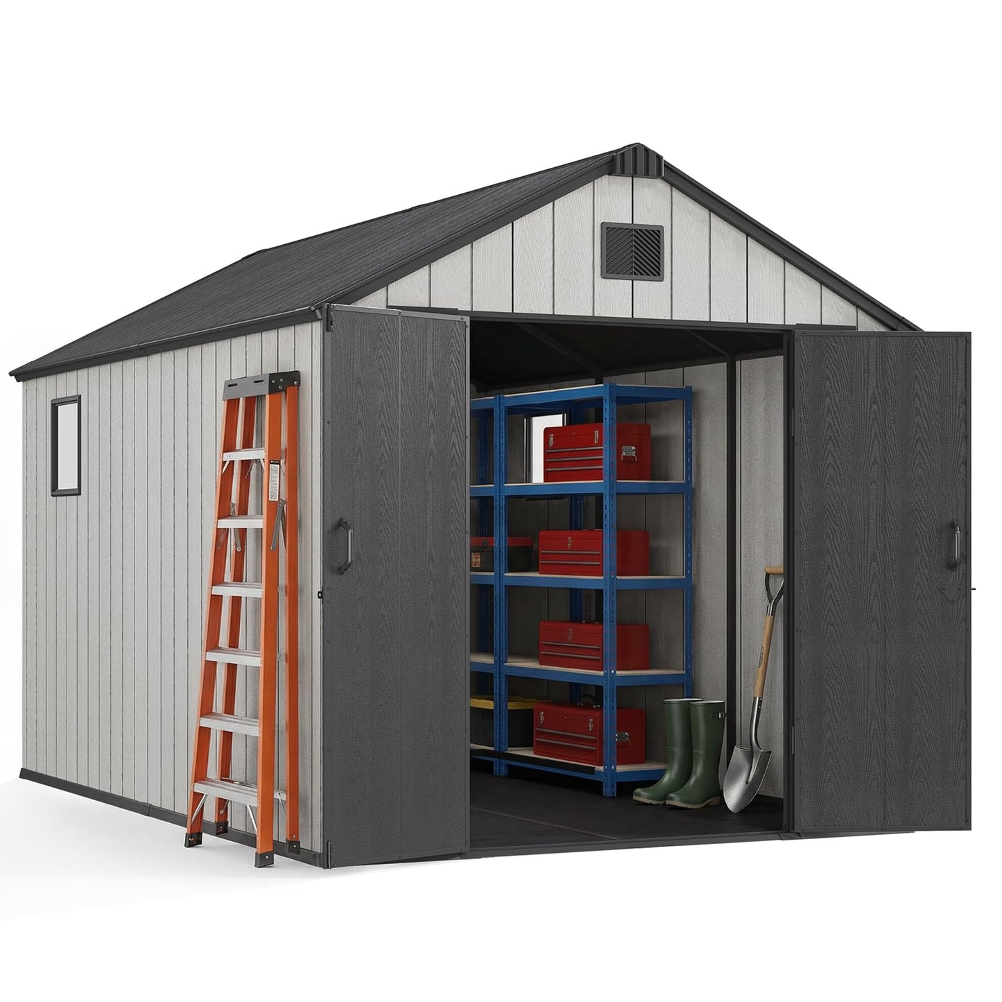 Jocoevol Outdoor Storage Shed, 8x12FT Resin Shed with Floor/Windows/Lockable Door/Vents, 15mm Thickened Heavy Duty All-Weather Garden Tool Shed for Backyard, Patio, Lawn, Gray