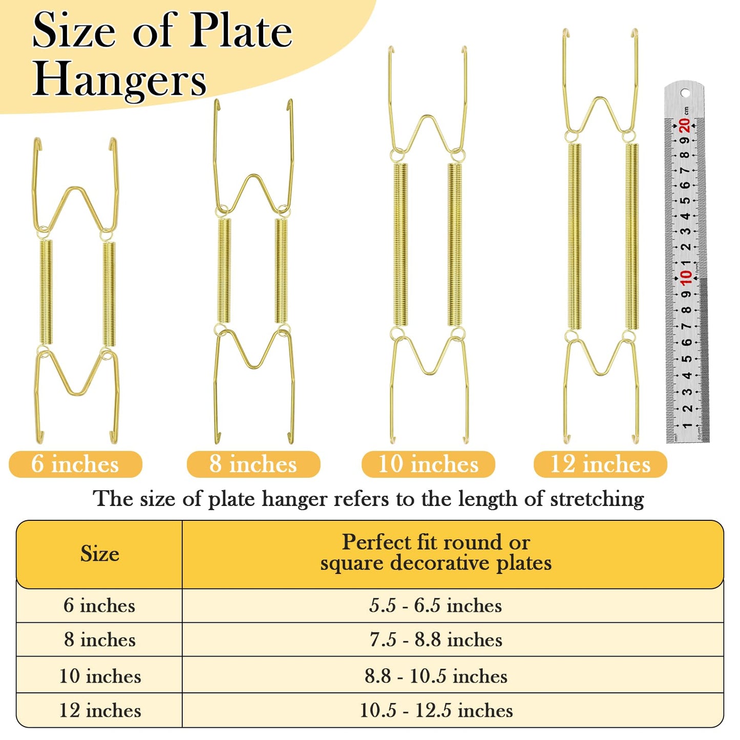 24 Pack Plate Hangers for Wall Display, 6/8/10/12 Inch Invisible Stainless Steel Plate Holders with Wall Hooks, Fit 5.5–12.5 Inch Decorative Plates, Plate Display Hangers for Home Wall Decor, Gold