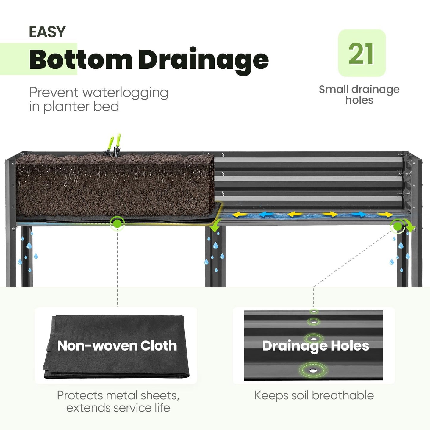 KING BIRD Raised Garden Bed with Legs Galvanized Large Elevated Planter Box for Backyard, Patio, Balcony, 600lb Capacity, Dark Grey 70.9x22.8x31.5 in