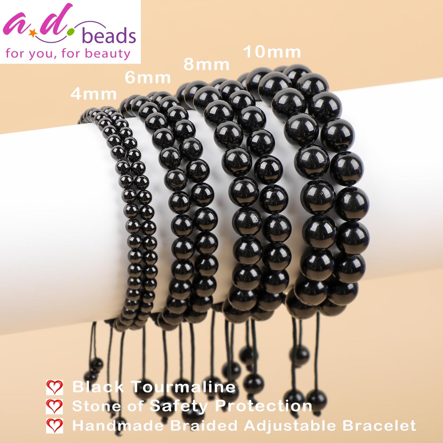 AD Beads 4mm Black Tourmaline - Best protection - Handmade Natural Stone Crystal Bracelet with Adjustable Macrame String - Yoga Healing Power Energy Gifts for Men and Women