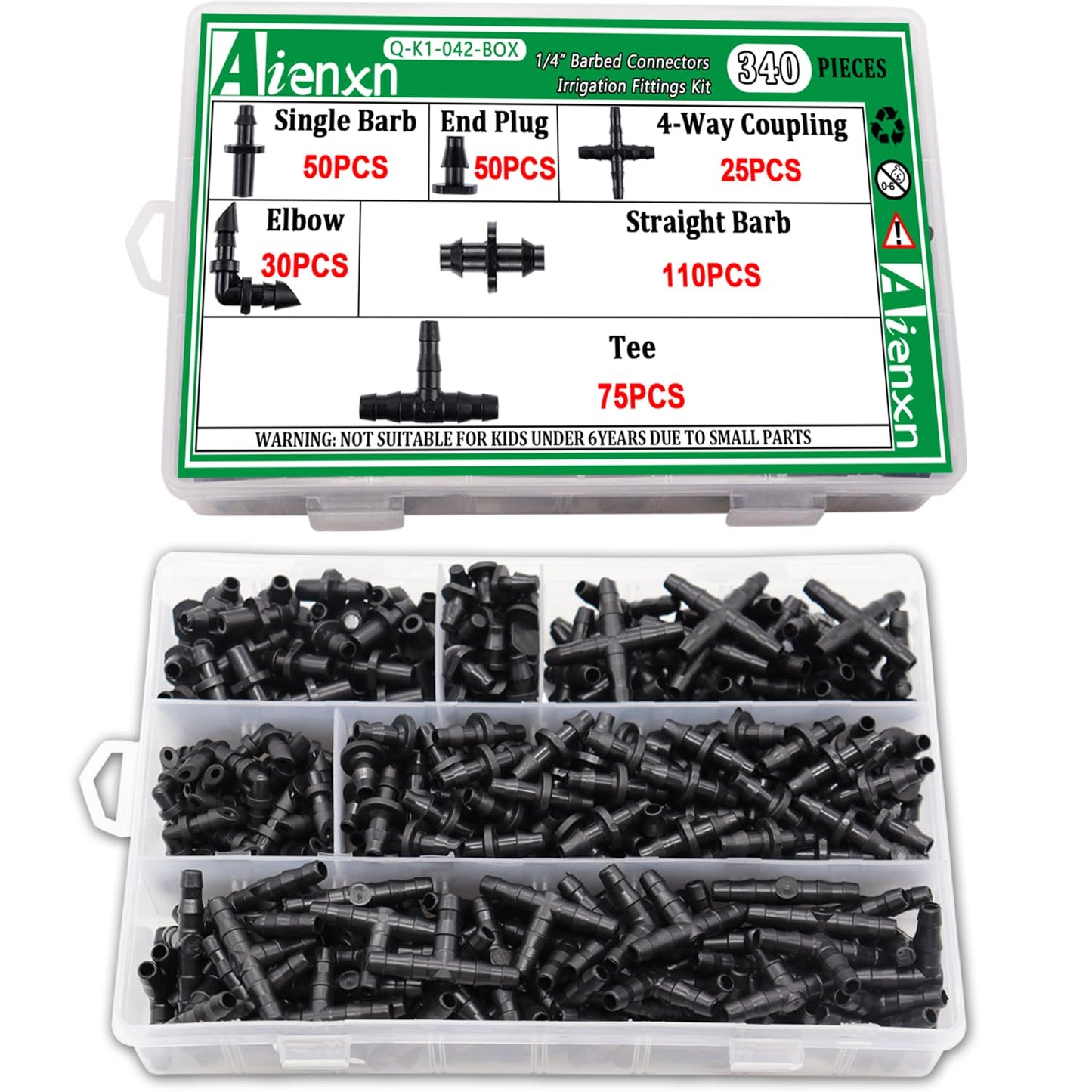 Aienxn 340PCS 1/4" Drip Irrigation Kit Barbed Connectors, Straight Barb, Tee, Single Barb, End Plug, Elbow, 4 Way Coupling Irrigation Fittings for Garden Lawn Flower Pot