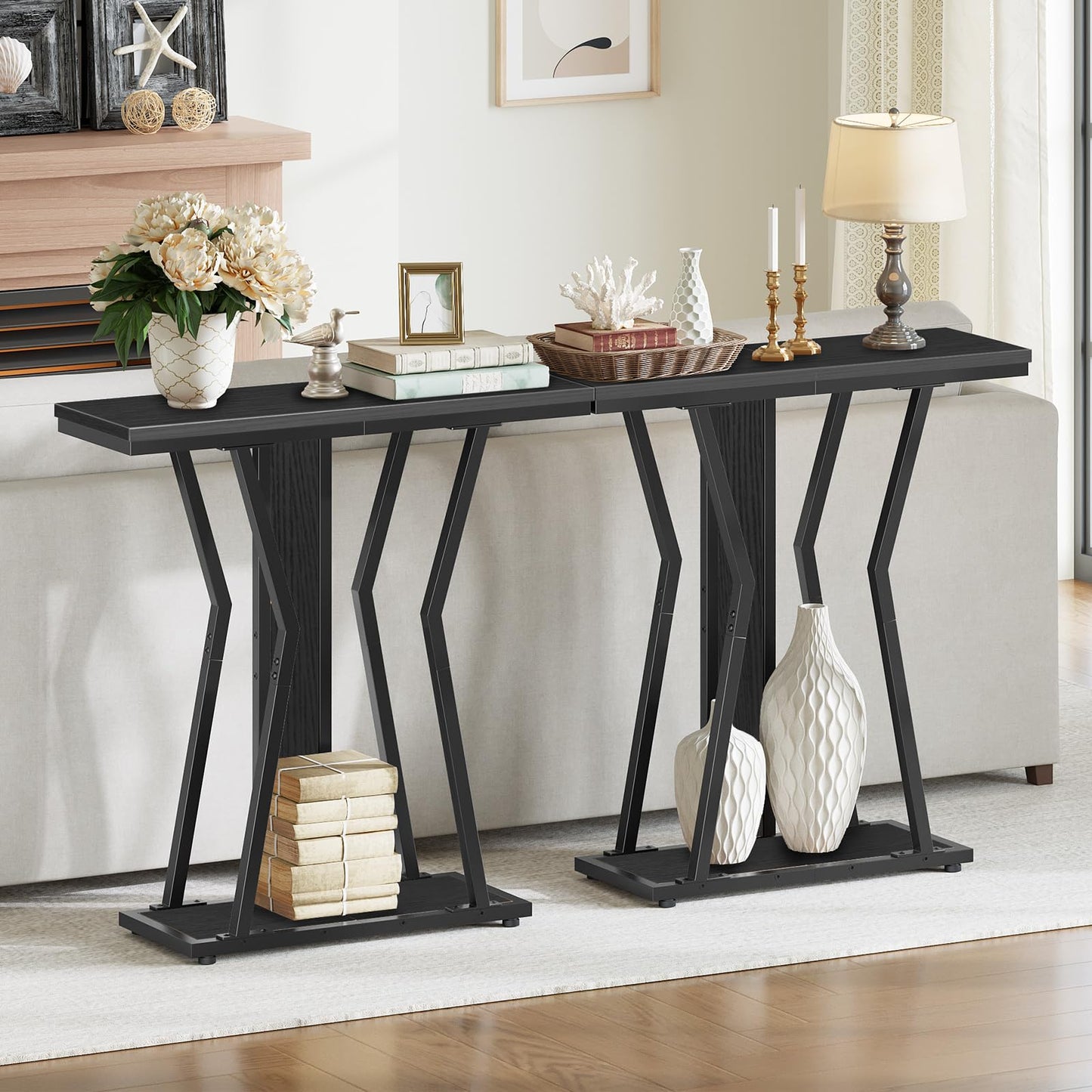 HOOBRO Narrow Console Table, 29.5" Small Entryway Table with Storage, 2-Tier Sofa Table Behind Couch, Modern Style, for Living Room, Hallway, Foyer, Bedroom, Black BB66XG01