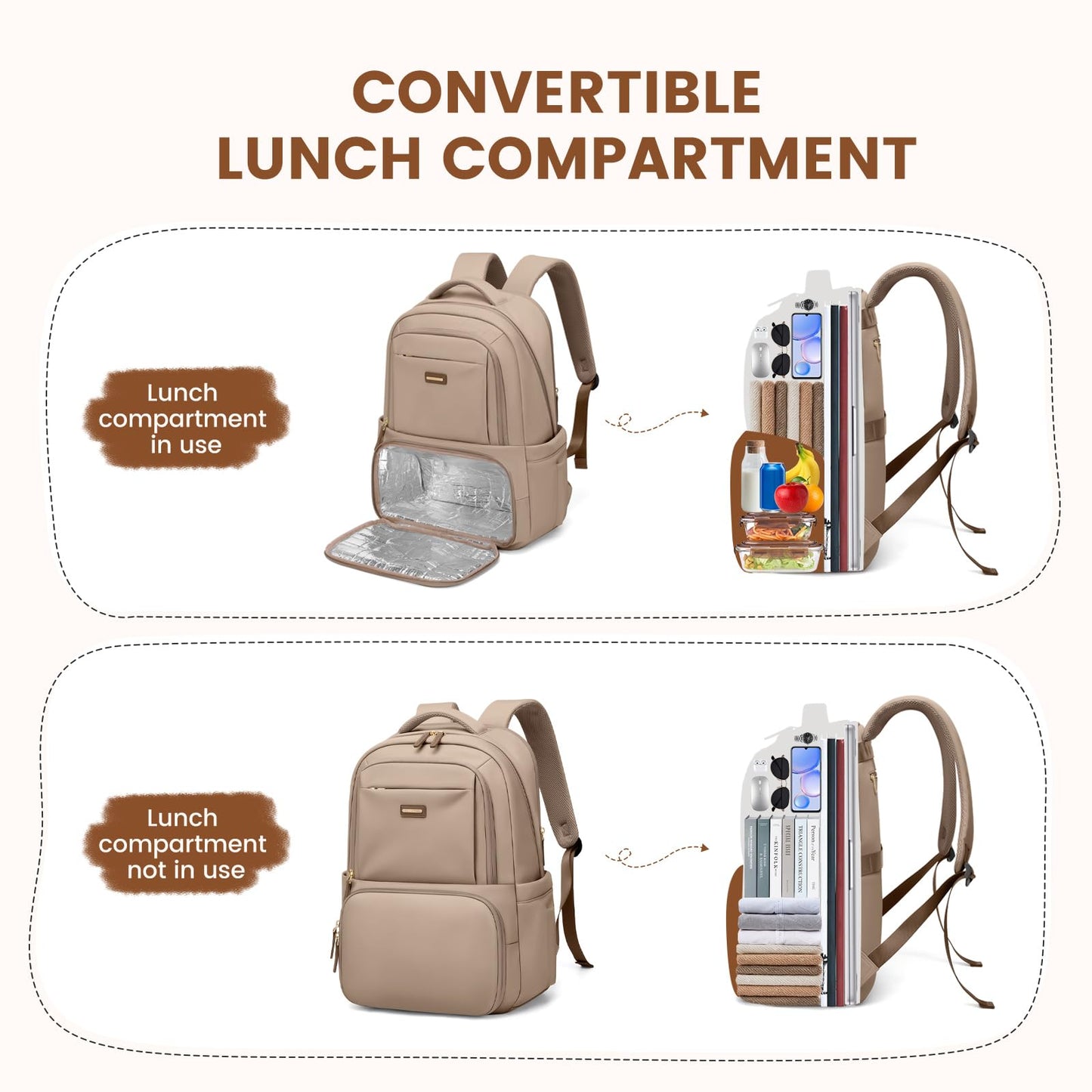 GOLF SUPAGS Lunch Backpack 16 Inch Laptop Backpack with Insulated Cooler Lunch Box Food Bag for College Work Camping Picnics (Champagne)