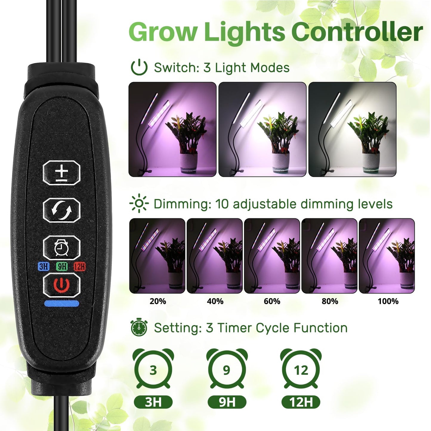 TONYFUL LED Grow Light 20W, 240 LEDs Full Spectrum Clip Plant Growing Lamp with White Red LEDs for Indoor Plants, Indoor Plants Growing Lamps,10 Dimmable Levels, Auto ON & Off with 3/9/12H Timer