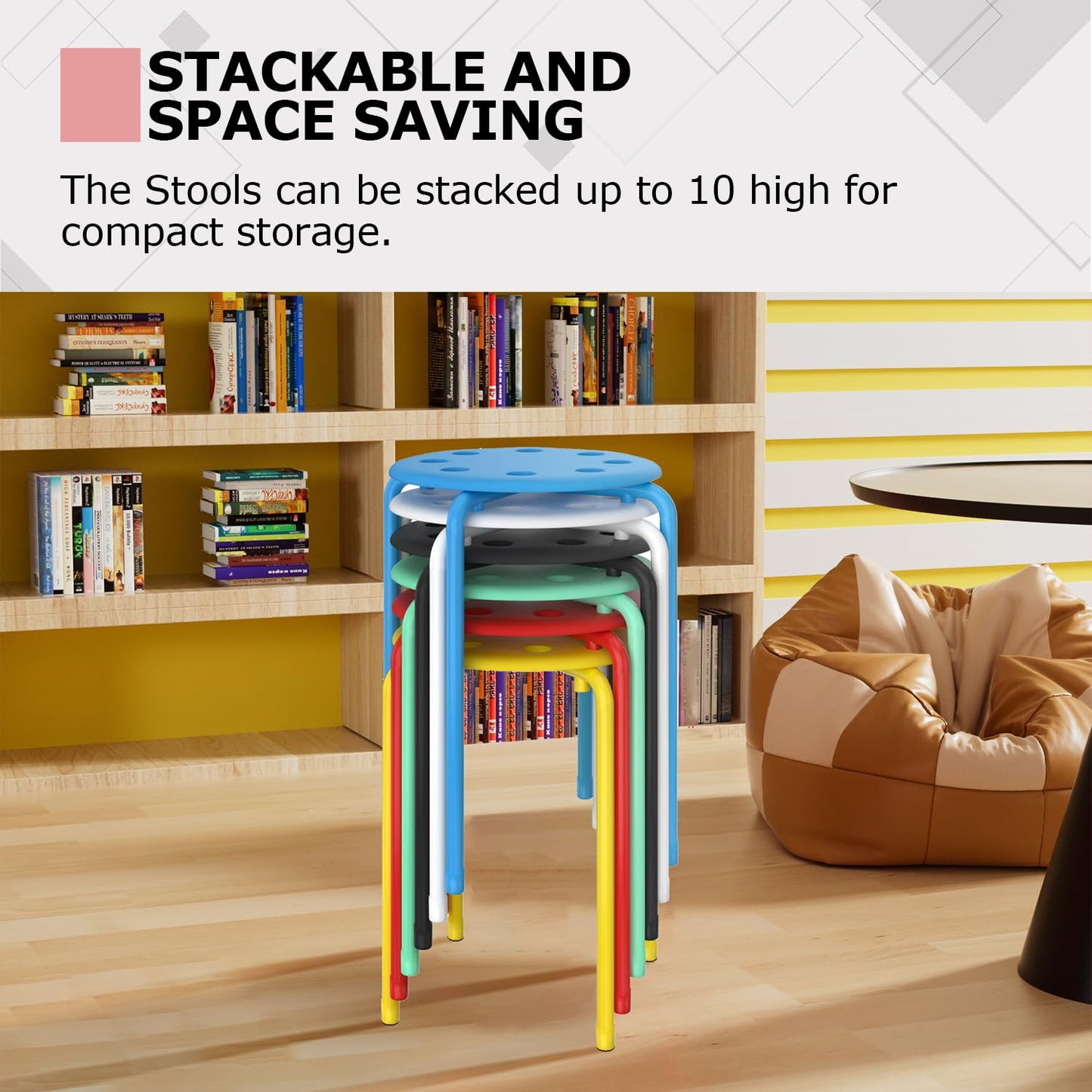 VECELO Set of 6 Stackable Stools with Metal Frame, Colorful Stool for Classroom School Home Office Use, 17.7 Inch Standard Height Portable Chairs No Assembly