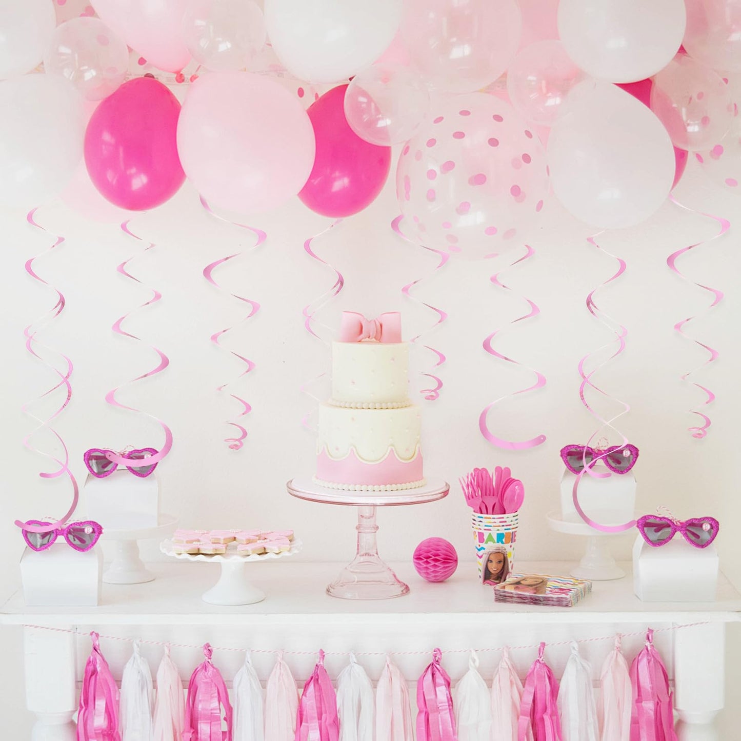 24 PCS Pink Hanging Swirl, Sparkle Ceiling Hanging Decorations, Plastic Streamer Party Decorations with Double-Swirls and Single-Swirls for Birthday Decorations, Easter, Graduation, Baby Shower