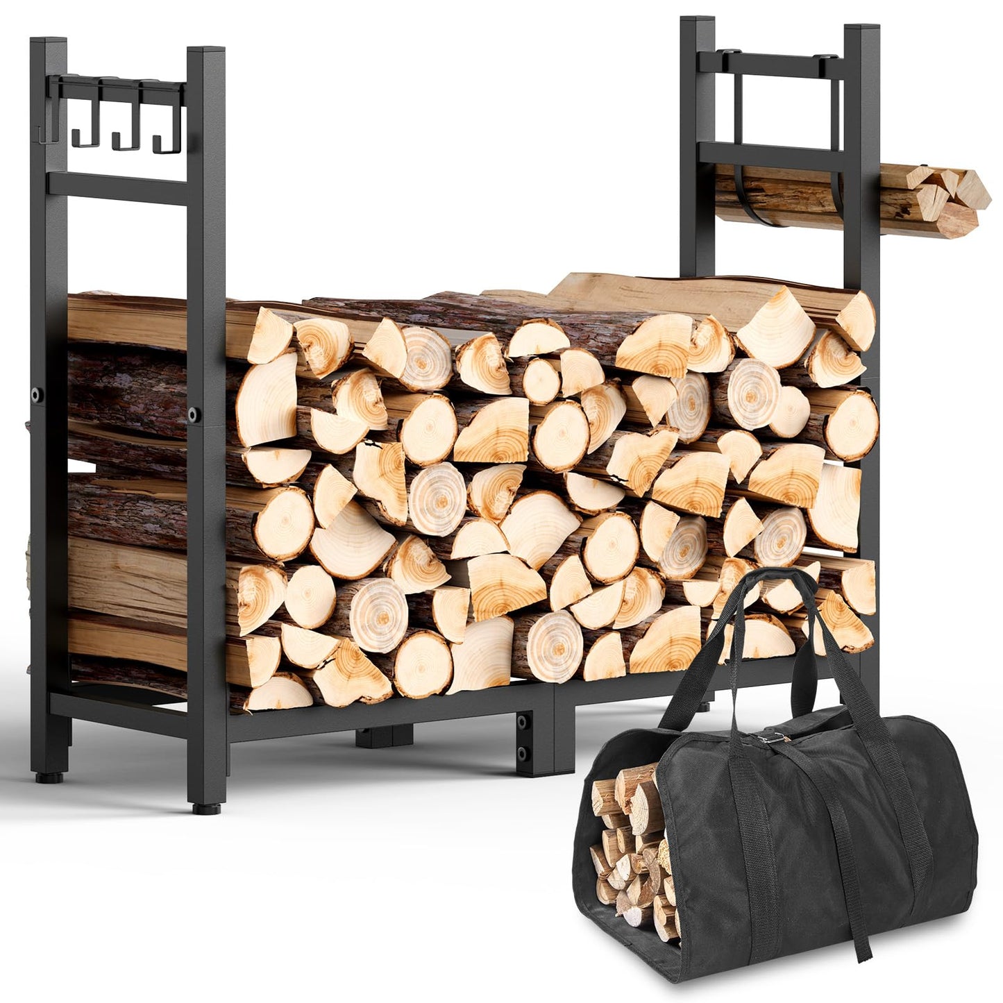 Brightown 34inch Firewood Rack Indoor with Log Carrier, Outdoor Wood Rack for Firewood,Fire Wood Storage with Kindling Hooks, Adjustable Pads, Heavy Duty Logs Holder for Fireplace Deck Outdoor, Black