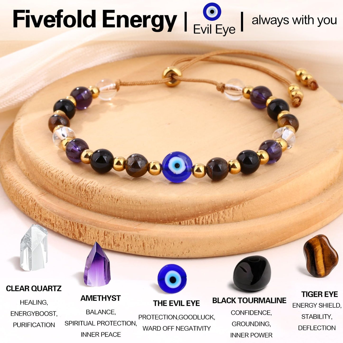 Cute Evil Eye Bracelet Red Black - Natural Crystal Protection Adjustable Spiritual Guardian Jewelry- 5 Healing Stones Clear Quartz Amethyst Black Tourmaline Tiger Eye Bracelet Adjustable (Blue Eye-Brown Rope)