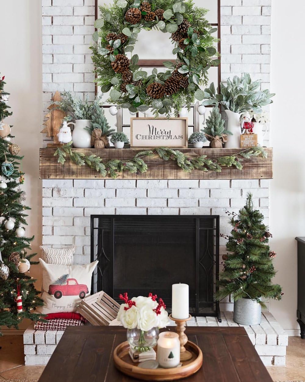 Briful Artificial Christmas Wreath 24 Inch Large Front Door Wreath with Glittering Eucalyptus Green Leaves Pine Branches Pine Cones for Home Room Mantle Wall Window Xmas Indoor Outdoor Decor