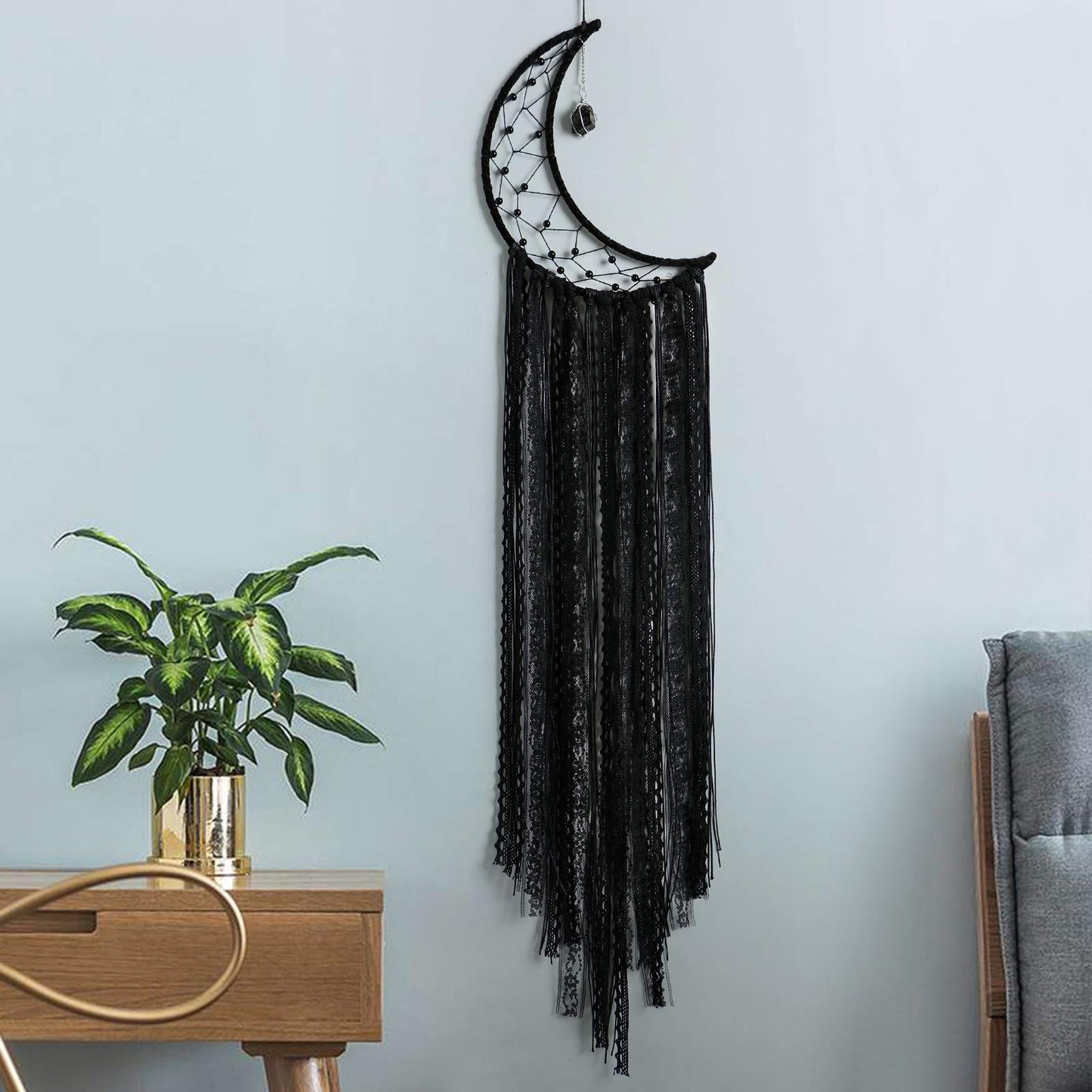 Dream Catcher Black Moon Dream Catchers with Crystal Stone, Handmade Gothic Wall Hanging, Witchy Woven Boho Decor for Bedroom Bohemian Home Decoration Ornament Craft Gift (Black)