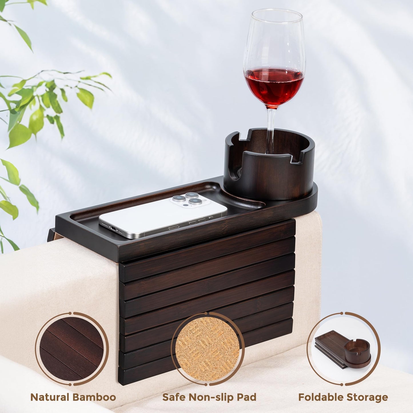 Couch Cup Holder for Armrests Over 4.9" Wide, Bamboo Couch Arm Tray with 360° Rotating Phone Stand, 3 in 1 Foldable Sofa Arm Tray Table for Remote, Snacks, Phone, Drinks Walnut