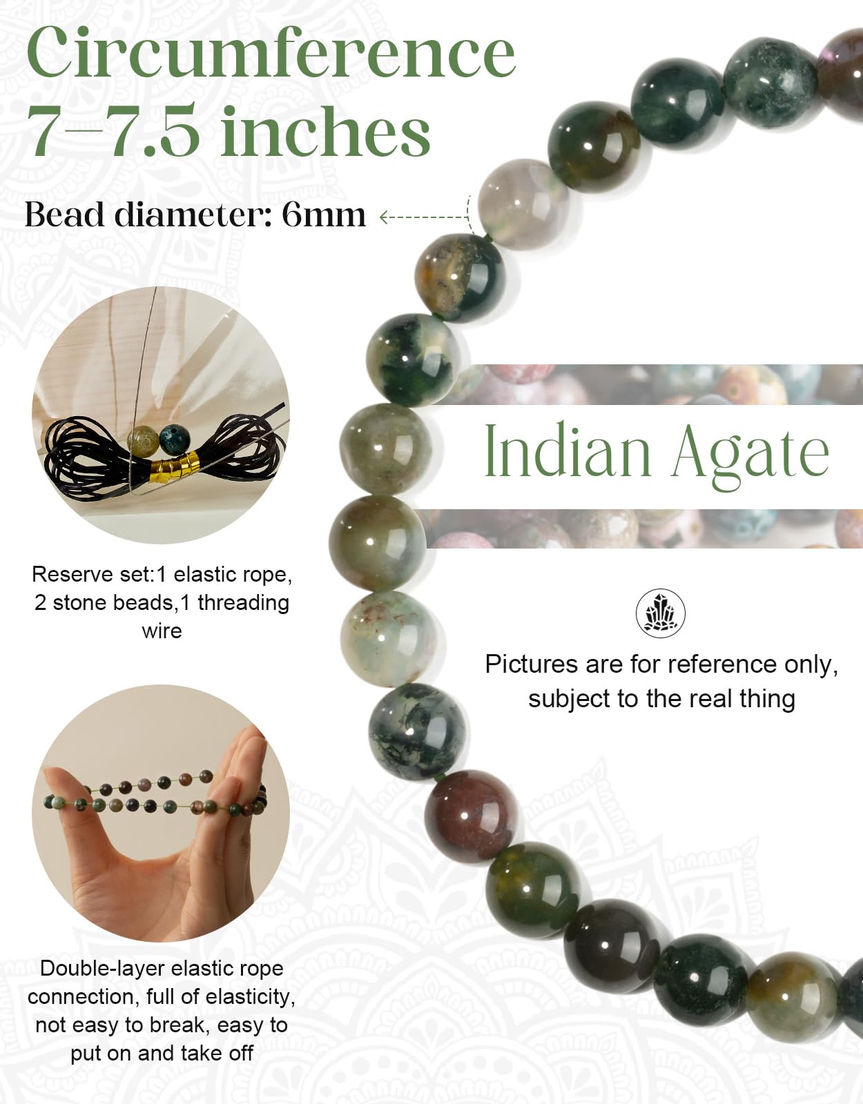 Landorilo Beaded Bracelet for Men Women, 6mm Natural Stone Indian Agate Healing Crystal Stretch Bracelets, Ideal Christmas Birthday Jewelry Gifts with Energy Card，Replacement Beads Included