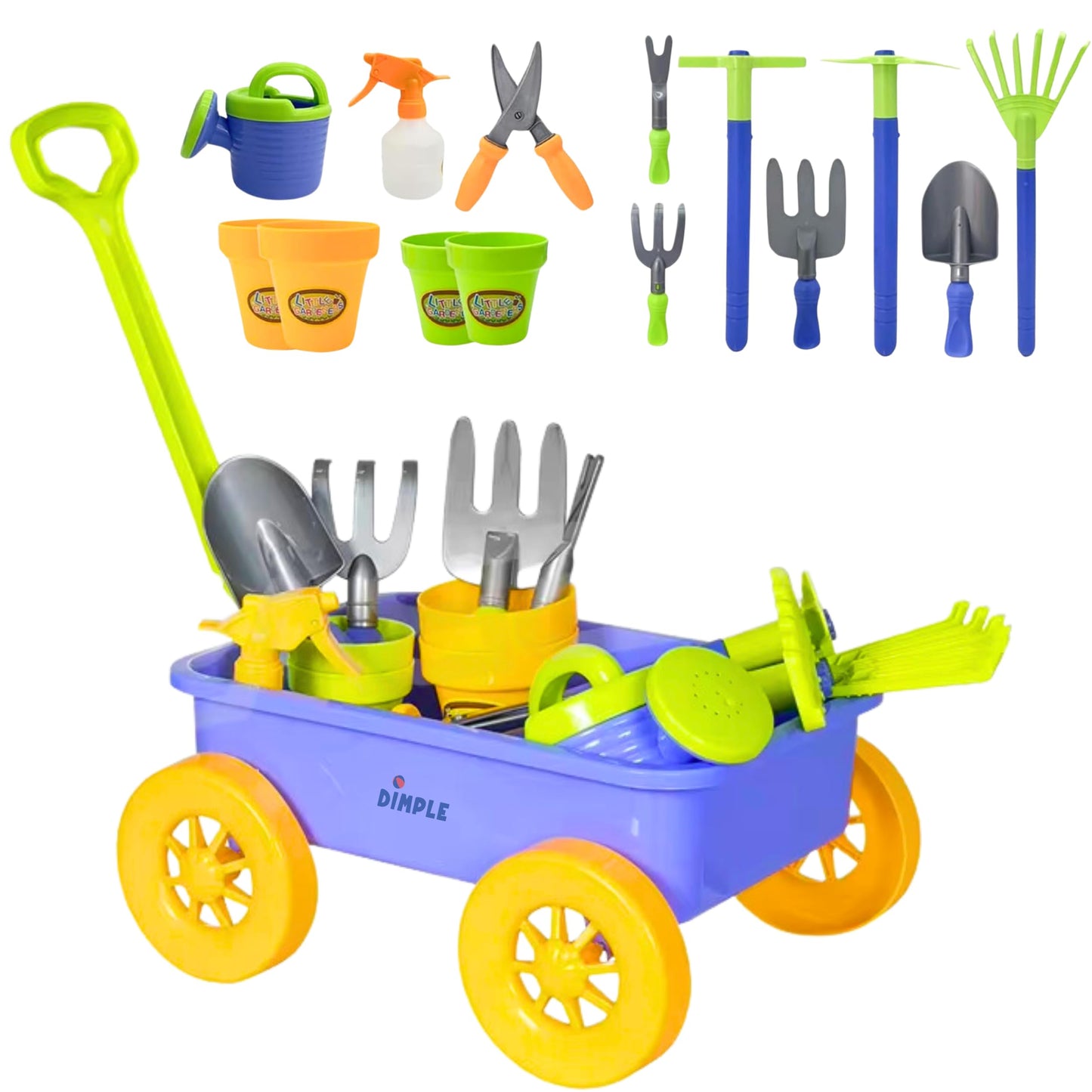 Dimple DCN12752 Garden Wagon & Tools Toy Set Premium 15Piece Gardening Tools & Wagon Toy Set Sturdy & Durable-Top Yd, Beach, Sand, Garden Toy-Great for Kids & Toddlers, Multicolor