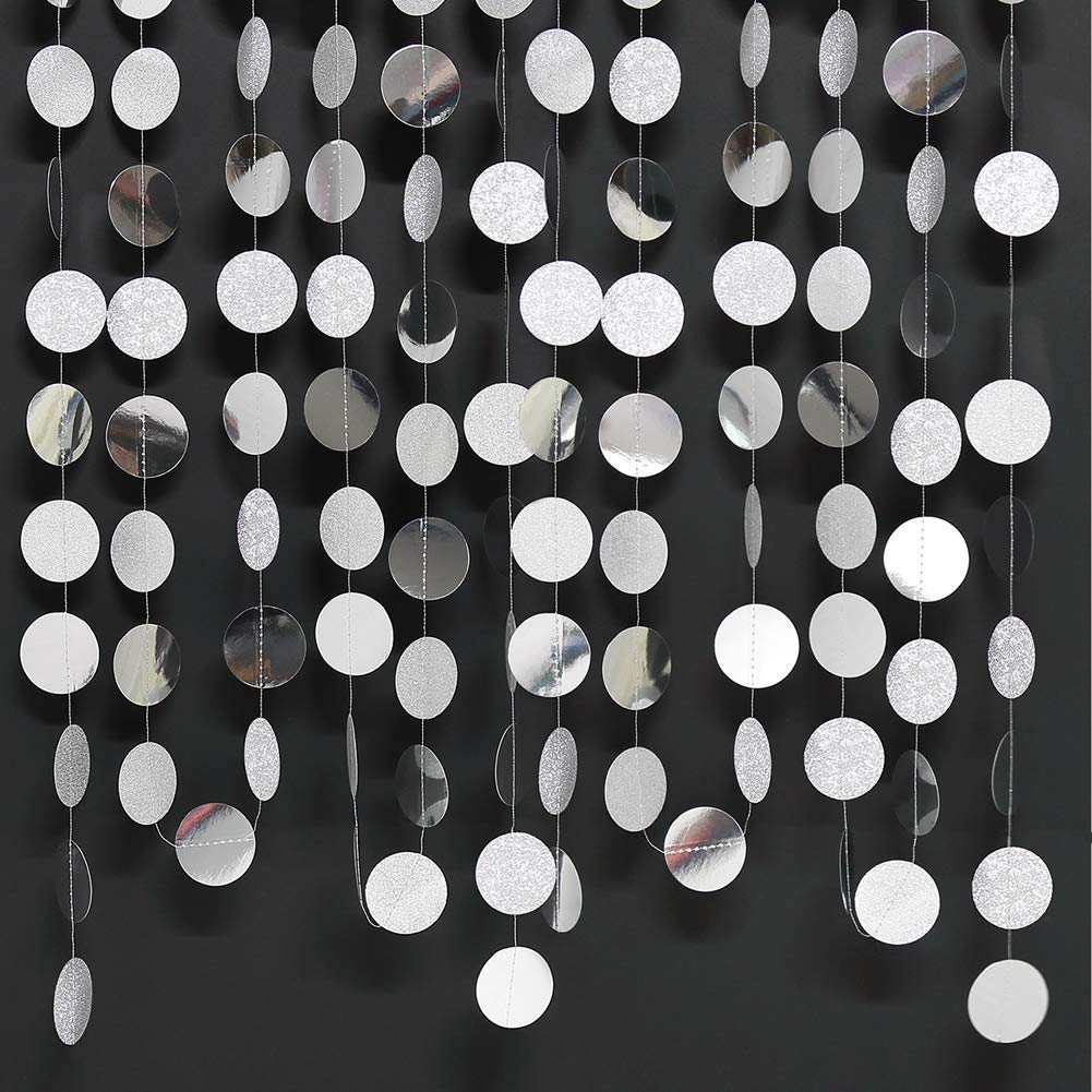 Decor365 Glitter Silver Party Decorations Silver Circle Garland Hanging Dot Streamers Banner Backdrop Birthday Decoration Bachelorette Bridal Shower Engagement Anniversary Graduation Party Decor