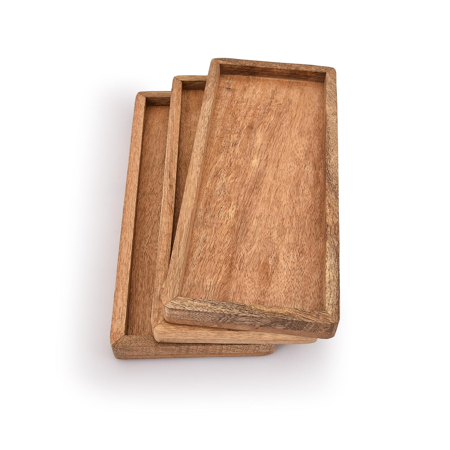 Samhita Mango Wood Serving Platter with Raised Edge -Set of 3 for Display Fruit Snacks Appetizer Sushi Food Decorative (12" x 5" x 0.75")