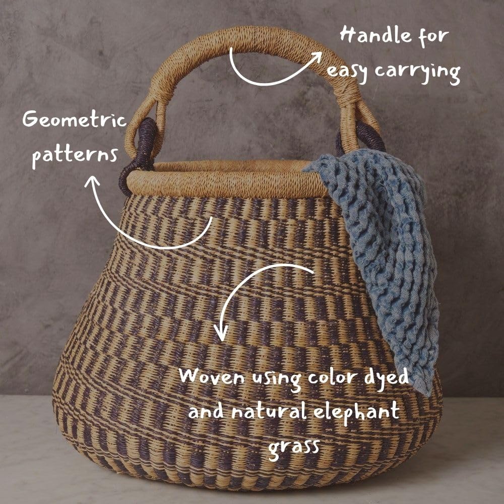 Wicker Storage Basket for Home, Natural and Navy, 16 Inch Wide