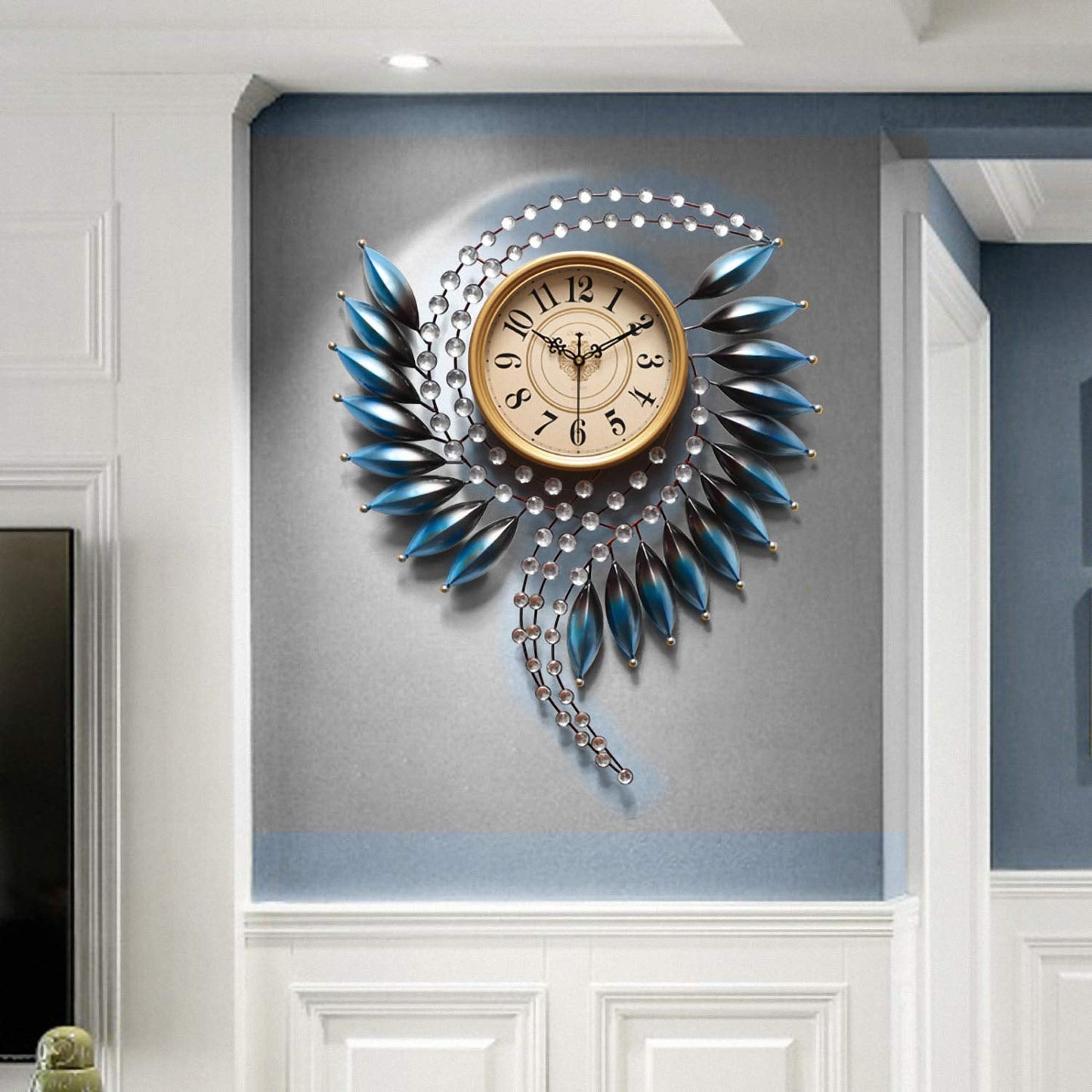 Crystal Metal Wall Clock Silent Non Ticking - 26"×21" Quality Quartz Battery Operated, Decorative for Kitchen, Living Room, Bedroom, Bathroom, Bedroom, Office