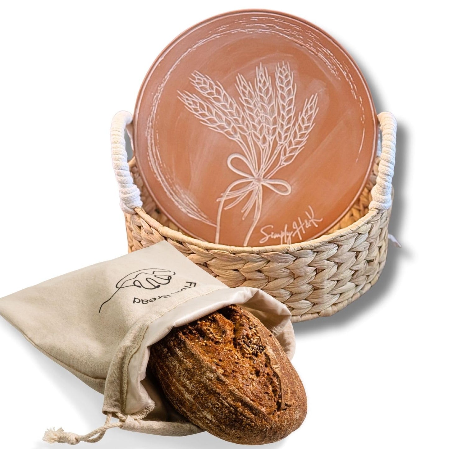 Simply H&K Bread Warmer Basket with Stone - Includes Reusable Bread Bag - 11" Round Basket with 10" Terracotta Stone - House Warming Gifts for Bakers - Instructions for use and cleaning