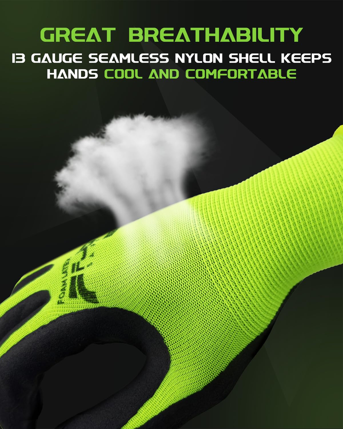 FJDZ SAFETY 13-gauge Seamless Nylon Shell Natural Rubber Foam Latex Coated Work Gloves Precision Handling, Construction, Warehouse,(Lime Green,Small)