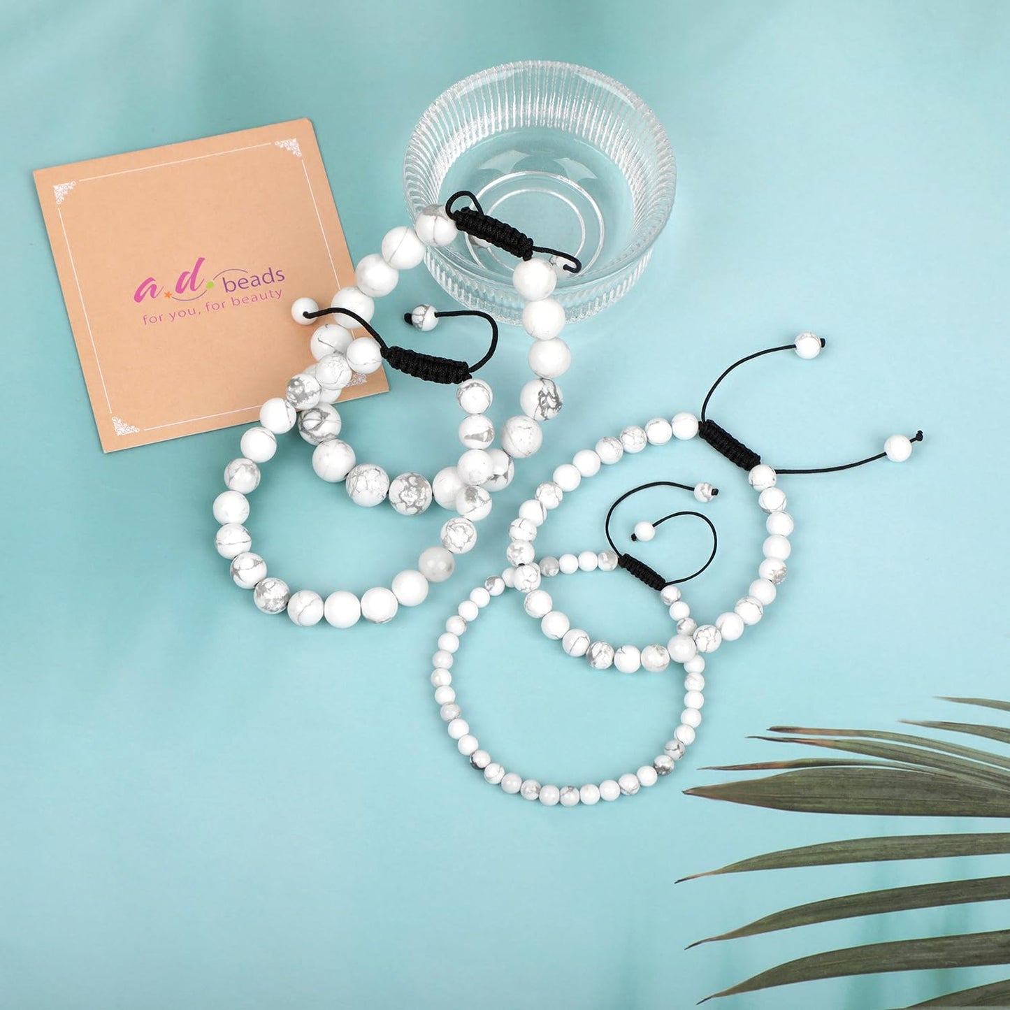 AD Beads 8mm Howlite - Calmness for Sleep - Handmade Natural Stone Crystal Bracelet with Adjustable Macrame String - Yoga Healing Power Energy Gifts for Men and Women