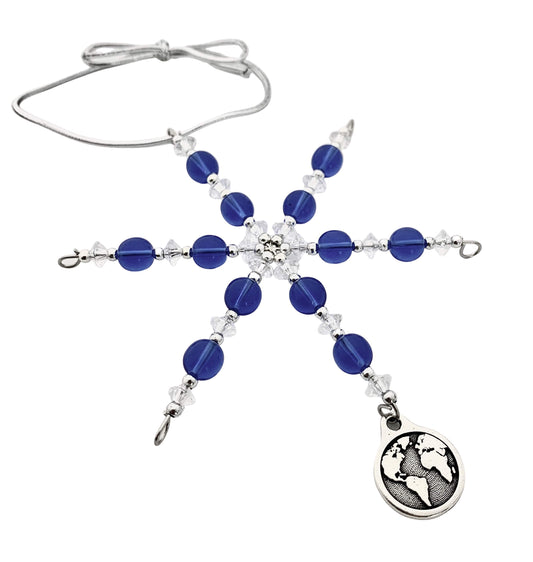 World Earth Ornament - Beaded Snowflake Christmas Ornament/Gift Tag with Pewter Earth Charm with Jewelry Box - Handmade with Blue, Clear and Silver Vintage Beads