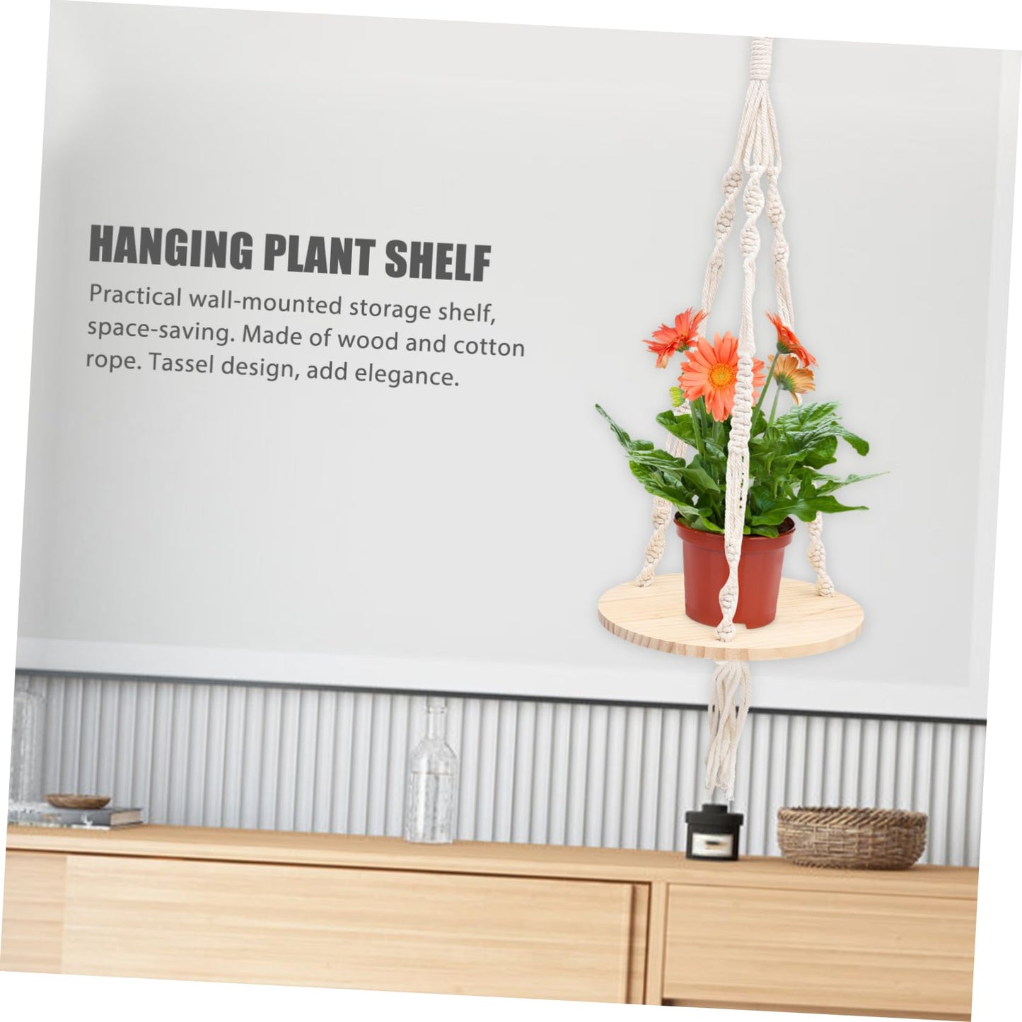 SOLUSTRE Boho Macrame Hanging Shelf Tassels Natural Wood Floating Plant Pot Holder for Indoor Wall Decor 24 Diameter Cotton Rope Design for Flower Pots and Home Decoration