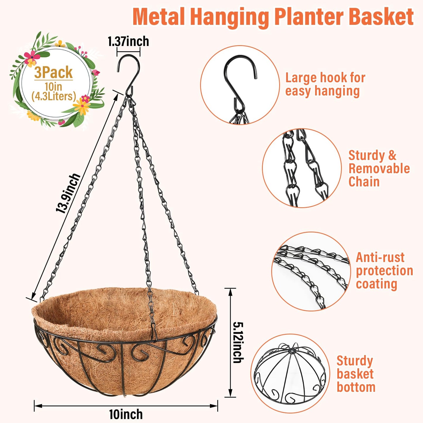 Legigo 3 Pack 10 Inch Metal Hanging Baskets for Plants Outdoor- Round Wire Hanging Planters Basket with Coconut Coir Liner, Hanging Flower Pot for Outdoor Plants Flowers Garden Decorations