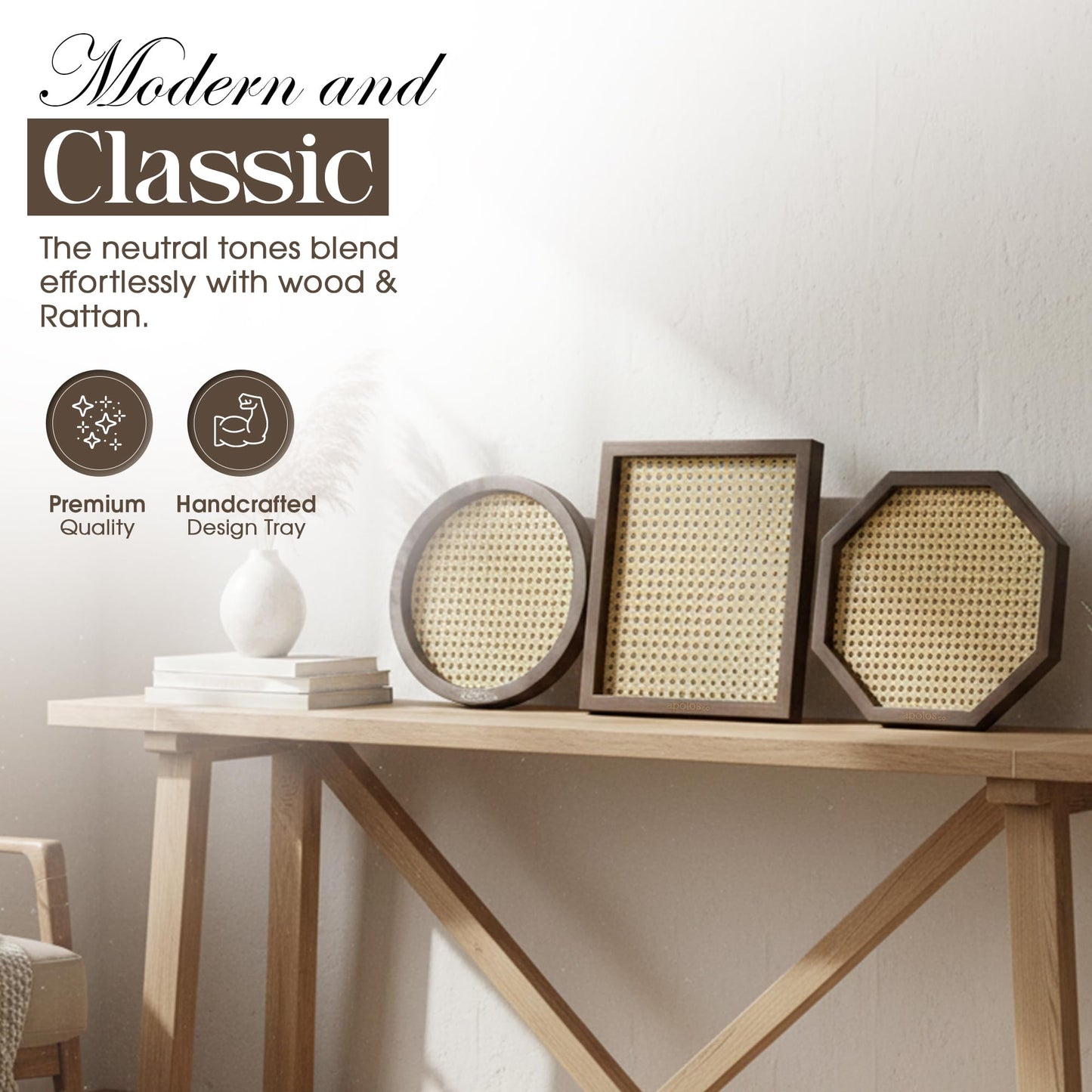 Apolos Co Decorative Tray Set of 3 - Handwoven Rattan Coffee Table Trays with Dark Wood Frame - Modern Boho Design Wicker Tray for Living Room, Centerpiece Décor - Round, Rectangular, Geometric Shapes