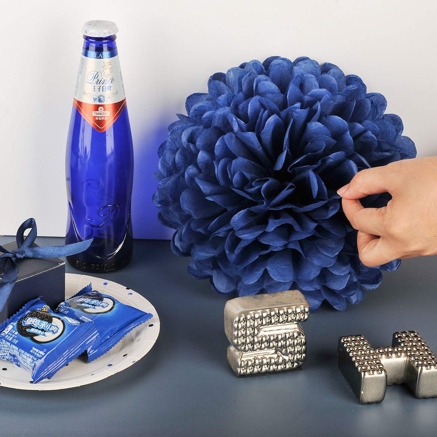 10" Navy Blue Tissue Pom Poms DIY Tissue Paper Flowers for Birthday Wedding Baby Shower Tea Party Dessert Table Decoration, Pack of 18