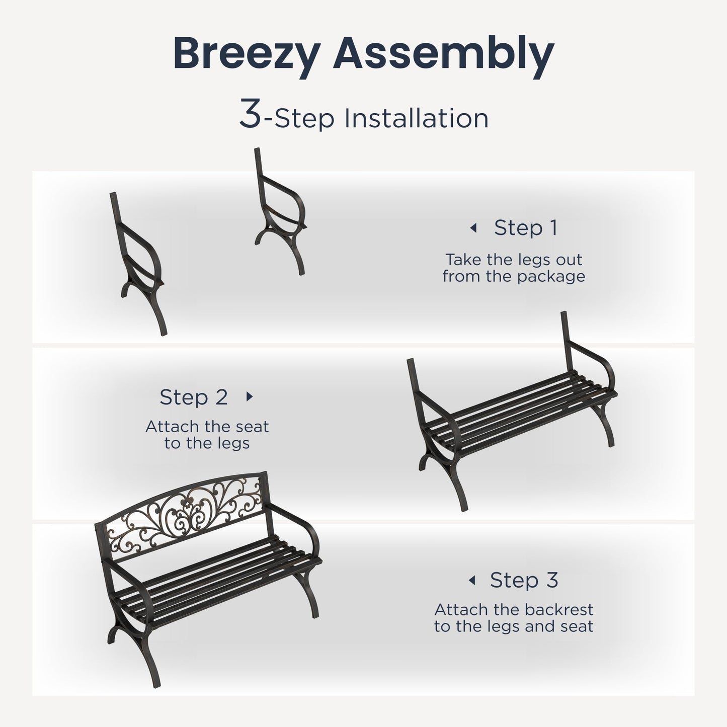 PHI VILLA 50Inch Cast Iron Steel Frame Garden Bench Patio Furniture Chair Outdoor Bench w/Floral Design Backrest, Slatted Seat for Park, Yard & Porch, Bronze