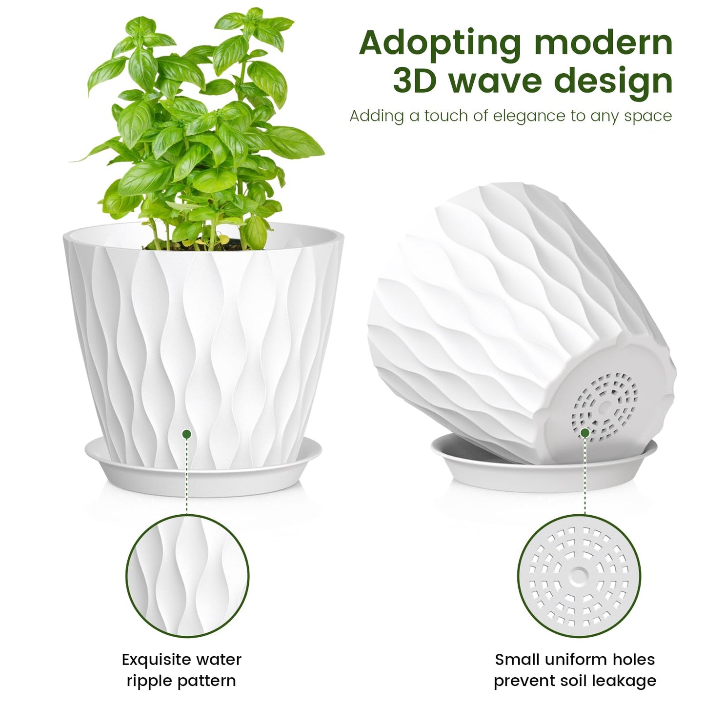 Meowell 7/6.5/6/5.5/5/4.5/4 inch Plant Pots for Indoor Outdoor Plants, 7 Pack Thick Flower Pots with Drainage Holes and Saucers, Modern Wave Texture Small Plastic Planters Nursery Pots, Multicolor