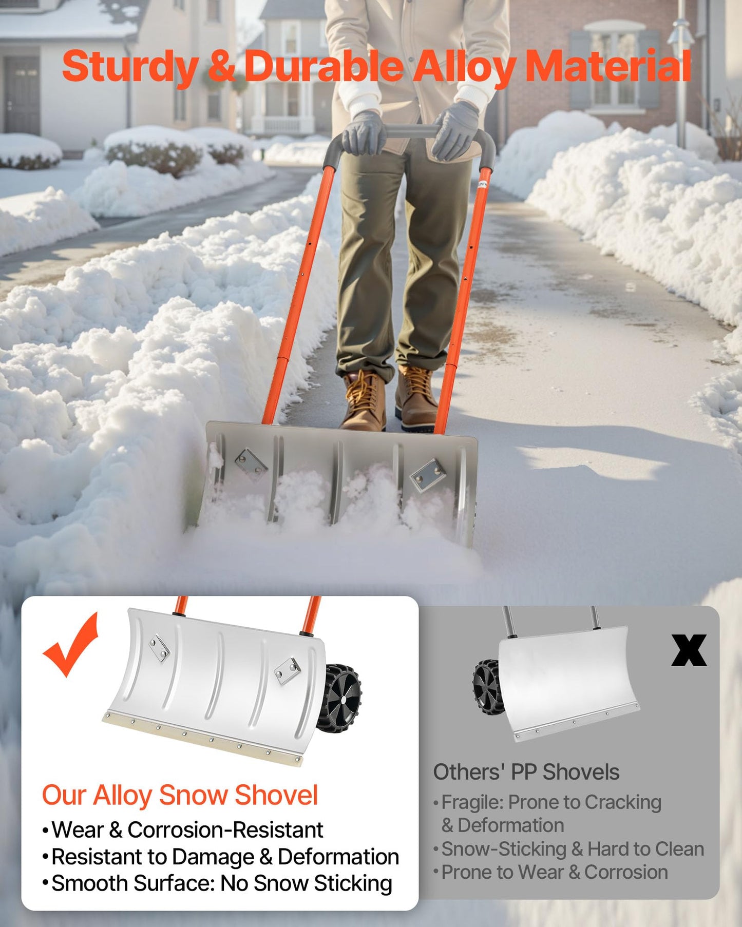 VEVOR 24 inch Snow Pusher Shovel with Wheels, Metal Heavy Duty Wheeled Push Snow Shovels for Driveway