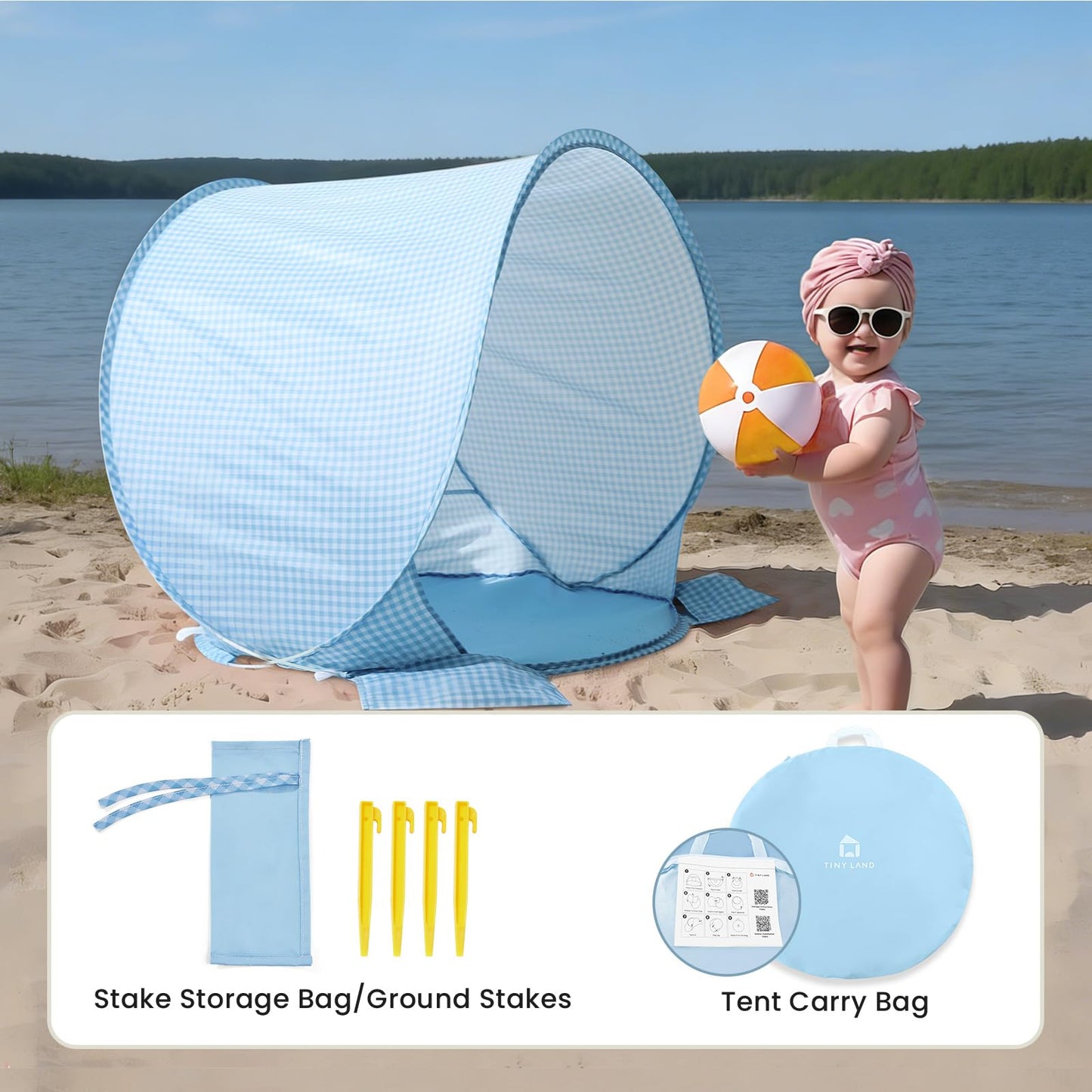 Tiny Land Baby Beach Tent – Pop Up Baby Tent with UV Protection, Portable Baby Beach Essentials, 35.4"x27.6"x31.5" Sun Shelter for Infants, Baby Summer Outdoor Use (Light Blue Gingham)