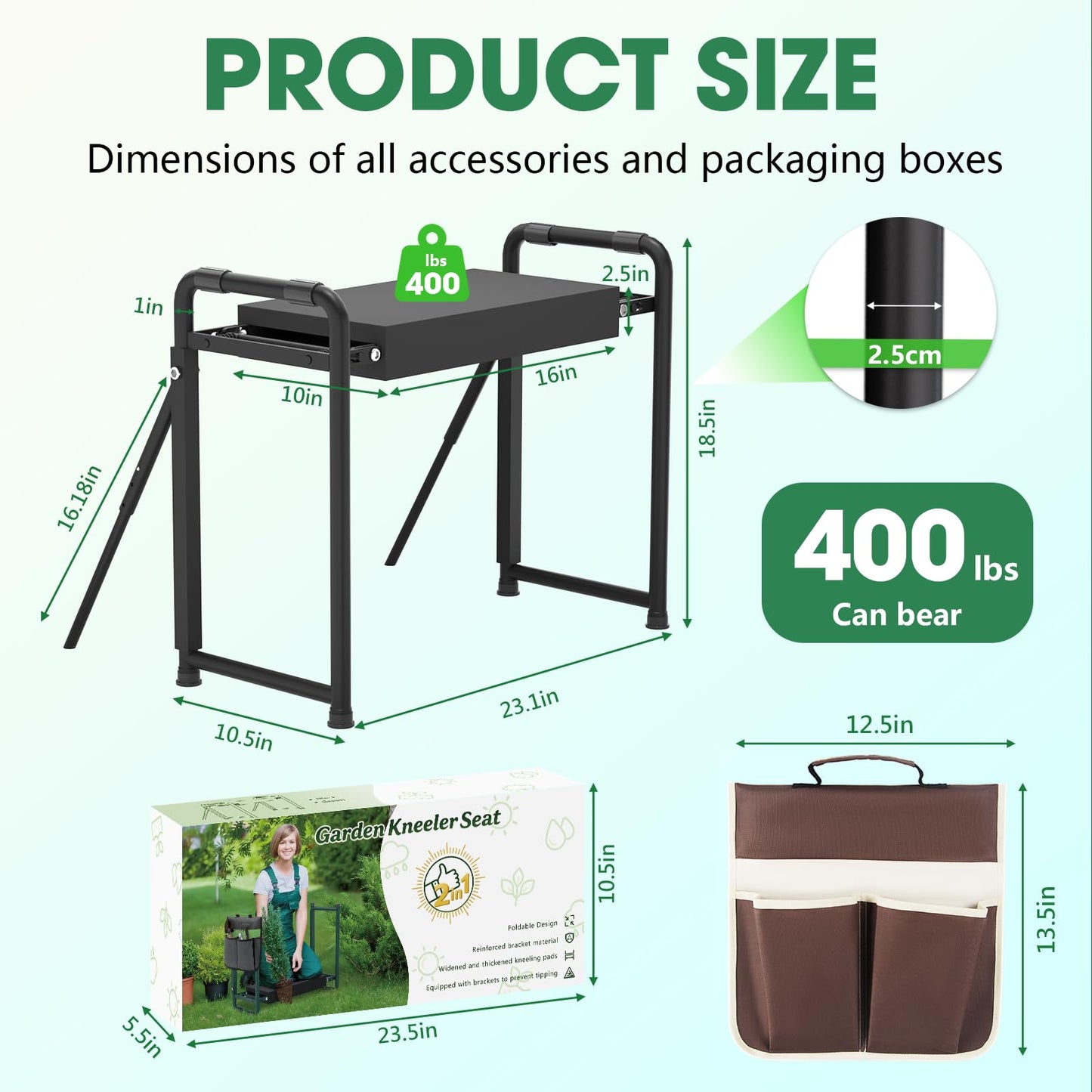 Onadak Heavy Duty Garden Kneeler & Seat with Support Legs, 400lbs Capacity Foldable Gardening Stool, Extra Thick Pad & Large Tool Organizer Bag, Ergonomic for Seniors - Dark Black
