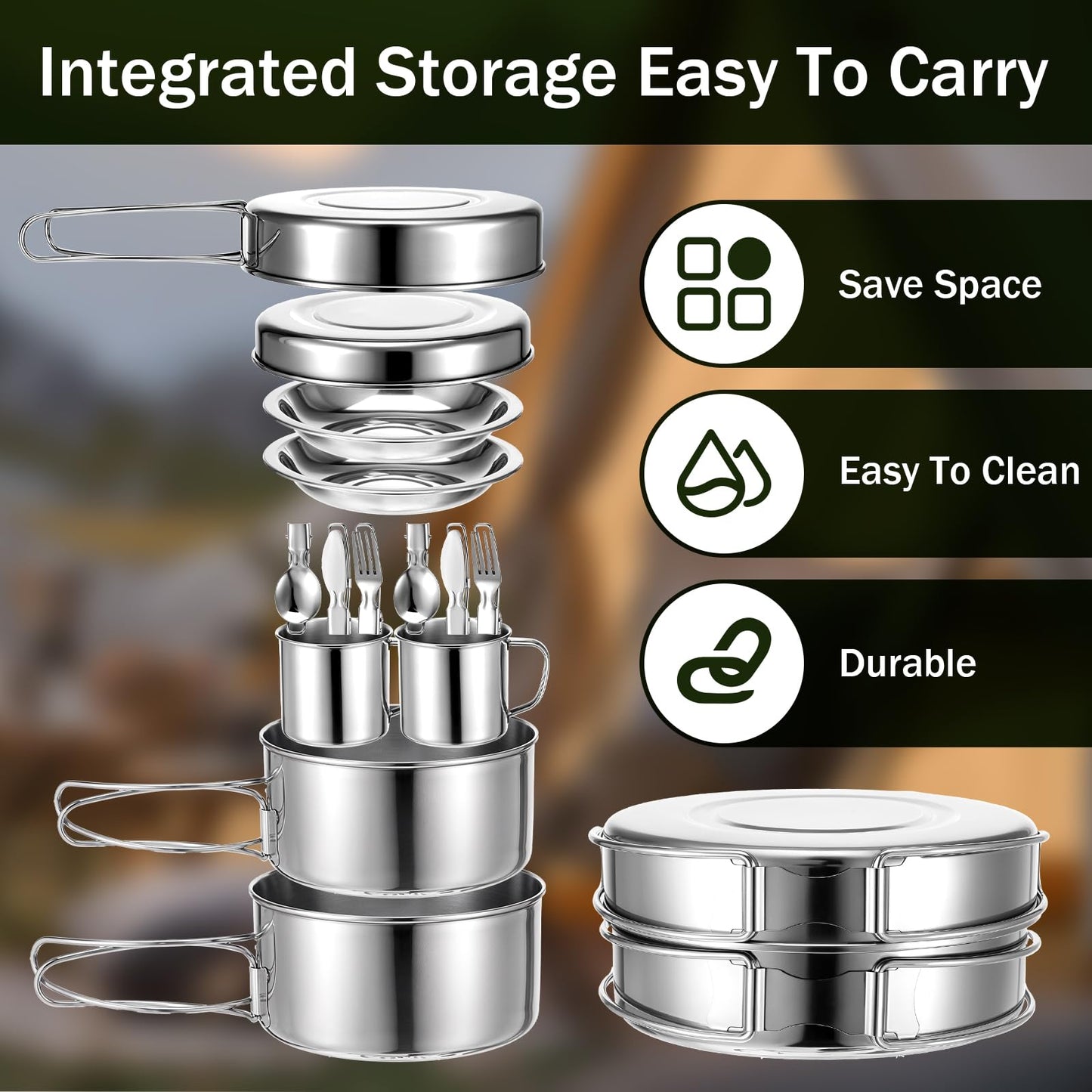 JJUNW 14Pcs Stainless Steel Camping Cookware Set, Lightweight Compact Camping Pots Pans Set with Cups Plates Forks Knives Spoons for Backpacking Camping-Cooking Hiking and Picnic