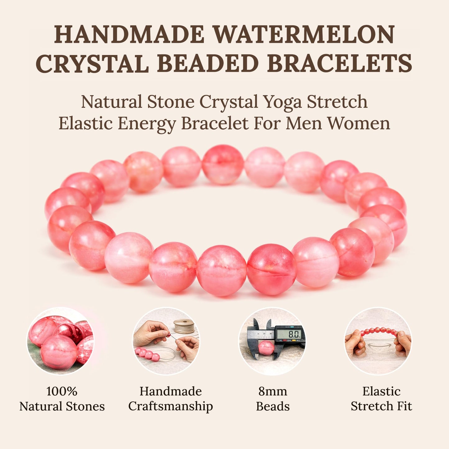 Elm City Direct 8mm Natural Stone Beaded Bracelet – Unisex Crystal Stretch Bracelets for Men & Women, Chakra & Healing Jewelry, Gift-Ready Beaded Bracelets (Watermelon Crystal, 8mm)