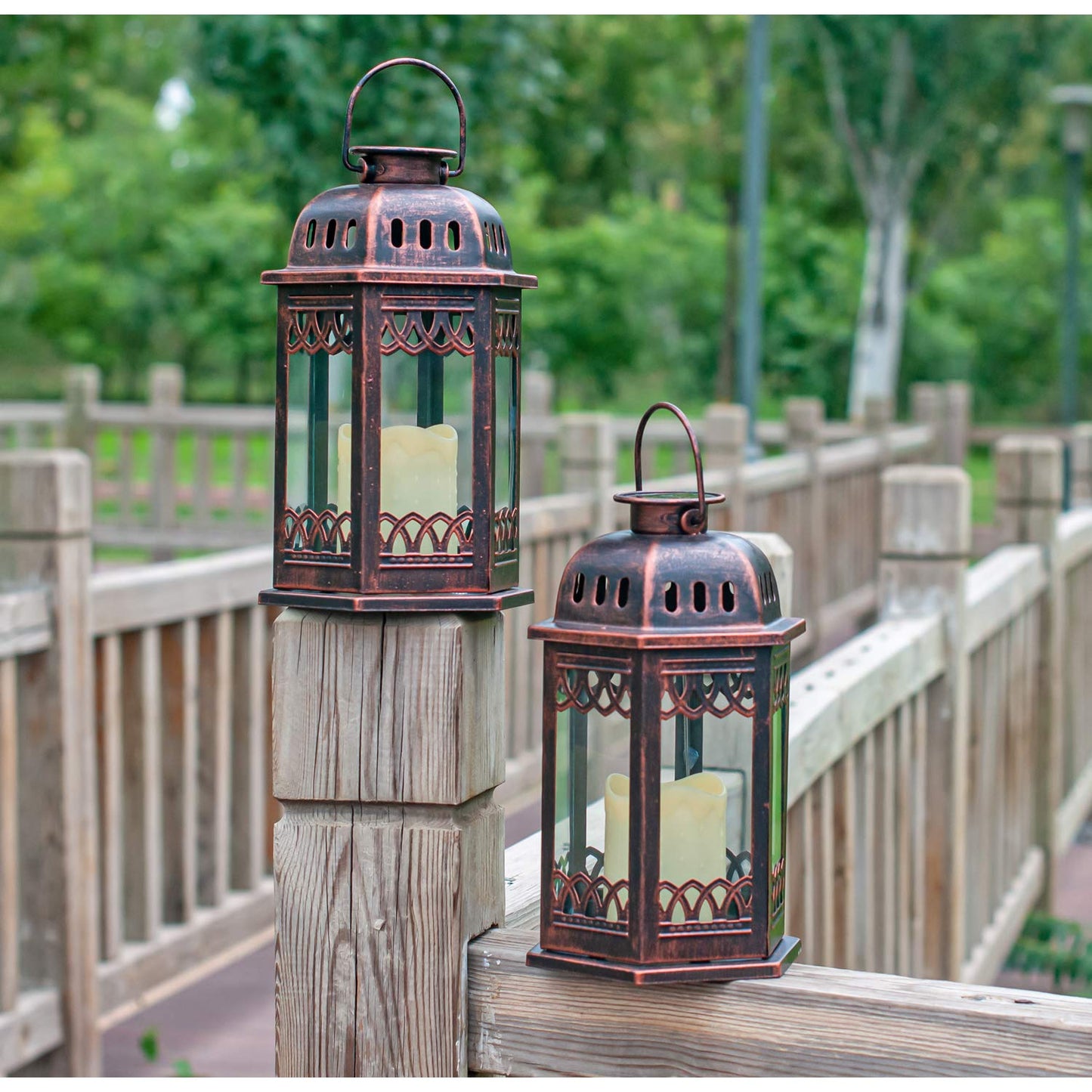 SteadyDoggie Solar Lanterns 2 Pack Bronze - Retro Ornate Hanging Lantern with Handle, Outdoor Lantern with Flickering Candle LED, 6.60 x 6.60 x 10.60 in