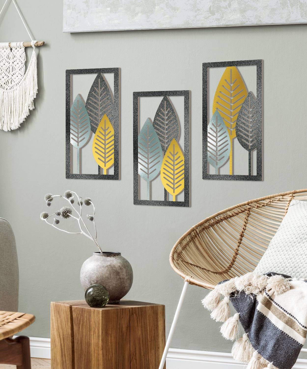 Putuo Decor Leaf Boho Wall Art Set of 3, Botanical Mid Century Nature Wall Decor, Modern Tree Hanging Art for Living Room Bedroom