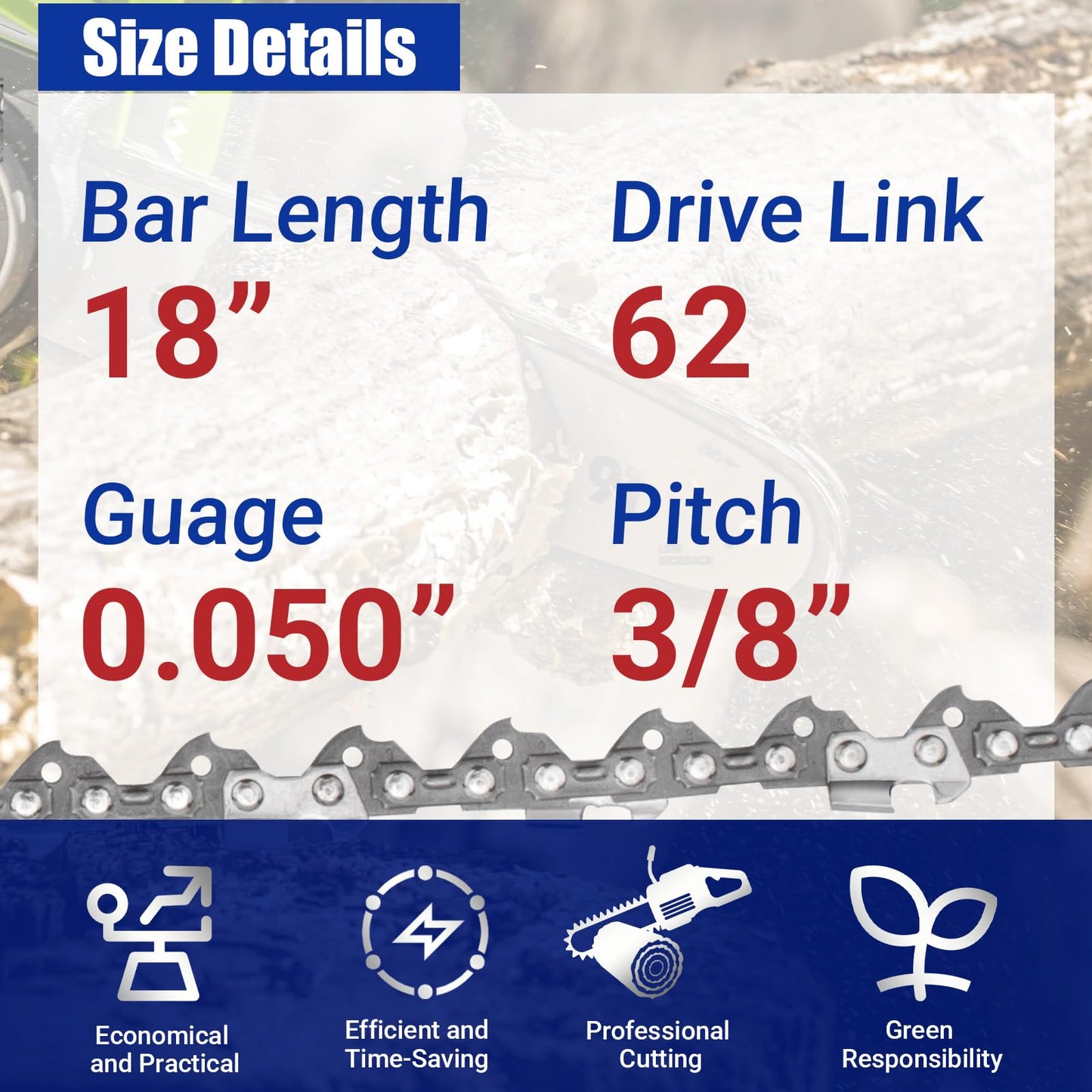 18 Inch Chainsaw Chain 3/8" LP Pitch 62 Drive Links Replacement for EGO AC1800, 18" Chain Saw Chains Fit for EGO CS1800, CS1803, CS1804 DCCS672B Chainsaw (3Pcs)