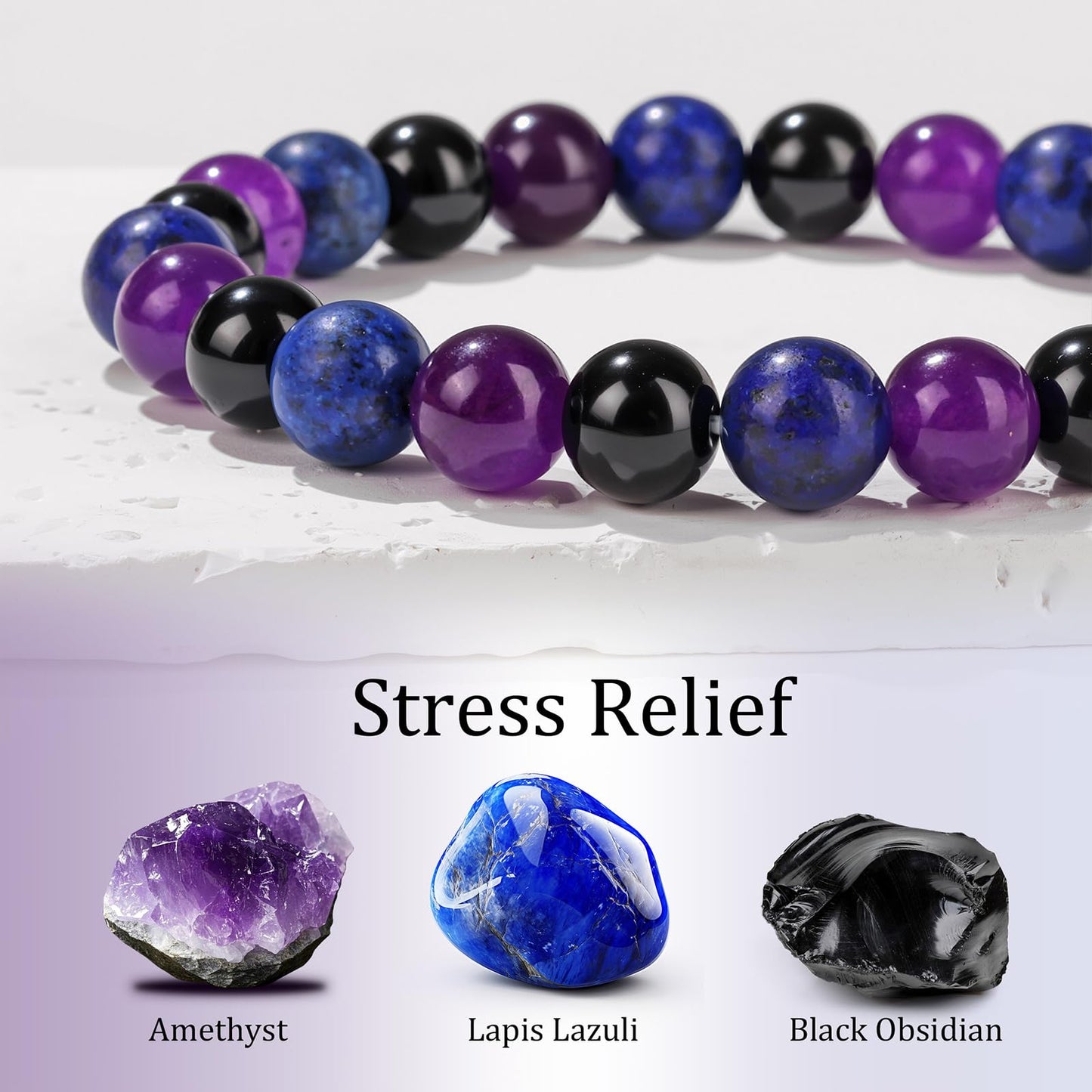 Healing Crystal Bracelet for Women Men 8mm Around Beaded Bracelet Amethyst Lapis Lazuli Black Obsidian Natural Stone Handmade Stretch Anxiety and Stress Bracelet Beads Spiritual Crystal Jewelry Gifts