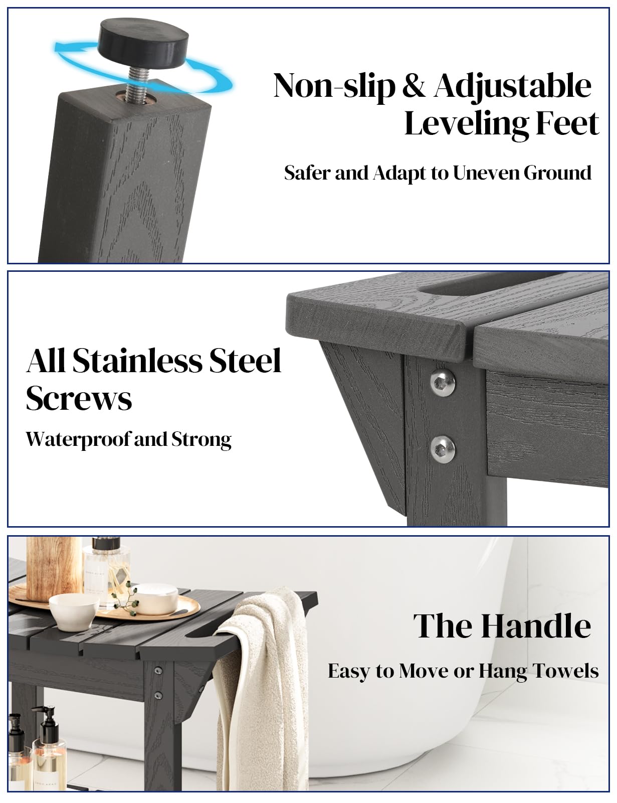 LAHAAP Waterproof Shower Bench, Poly Lumber Shower Stool for Shaving Legs, Shower Chair Seat with Storage Shelf and Handles, Bathroom Bench for Inside Shower, Non-Slip (Grey)