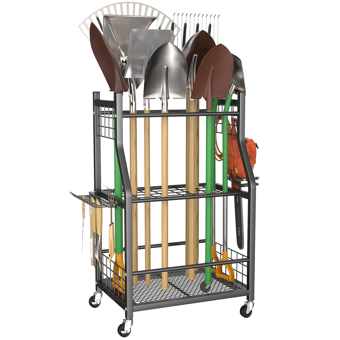WALMANN Garden Tool Organizer with Wheels for Garage, Rakes/Shovels/Yard Tools Storage Stand for Garden, Shed, Indoor/Outdoor Long-Handled Tools Rolling Cart
