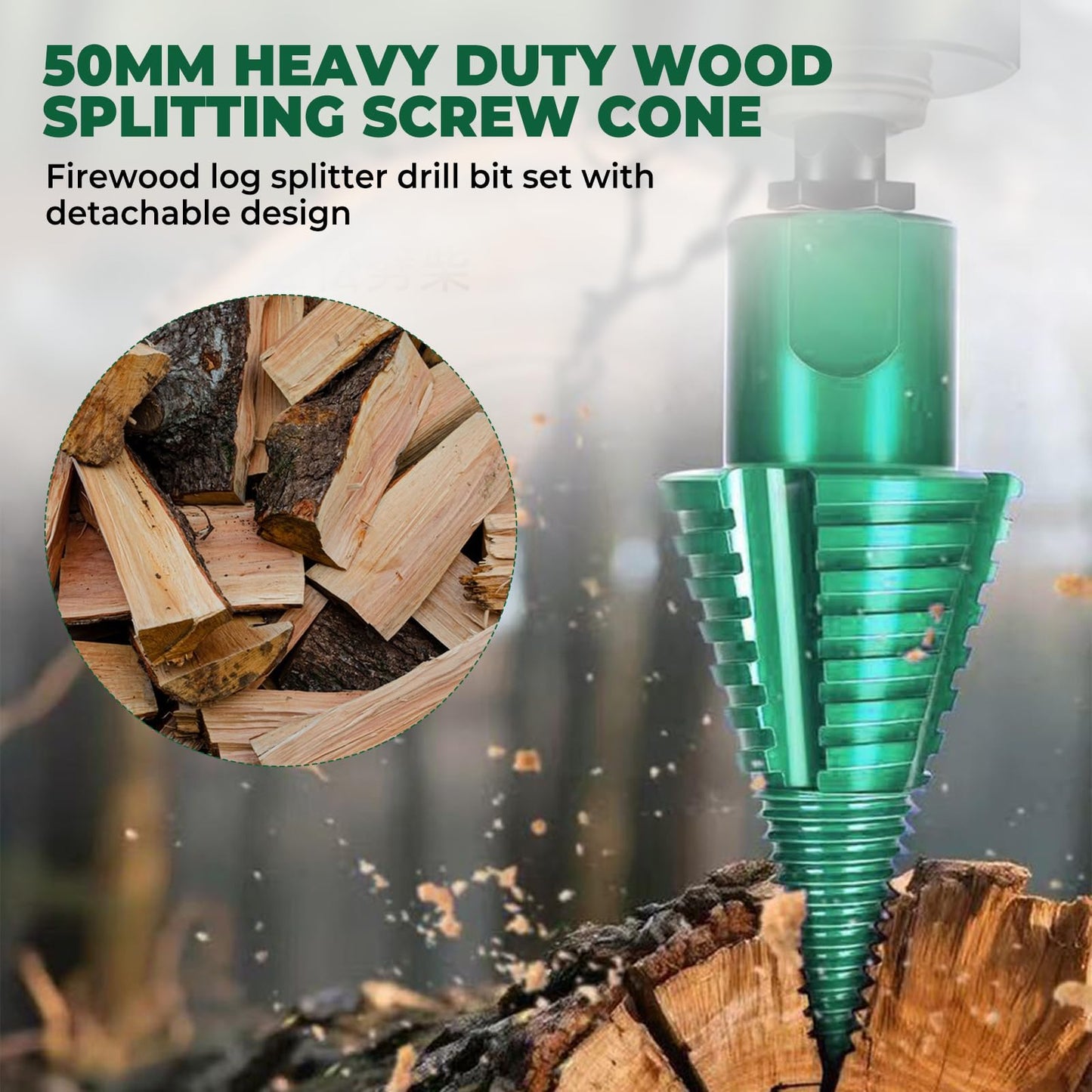 50mm Log Splitting Drill Bit with Anti-Stuck Tech, Heavy-Duty Firewood Splitter Wet & Dry Wood | S-DS-Pl-us/S-DS-Max Compatible | Quick-Change Detachable Head