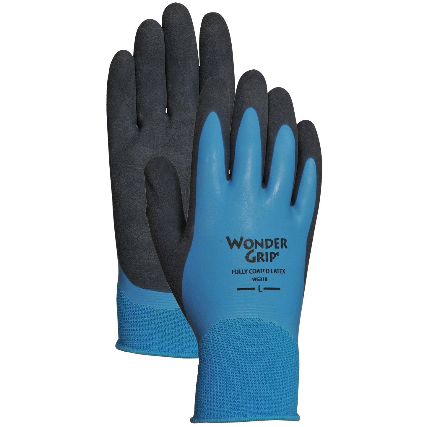 Wonder Grip WG318L Liquid-Proof Double-Coated/Dipped Natural Latex Rubber Work Gloves 13-Gauge Seamless Nylon, Large, Blue
