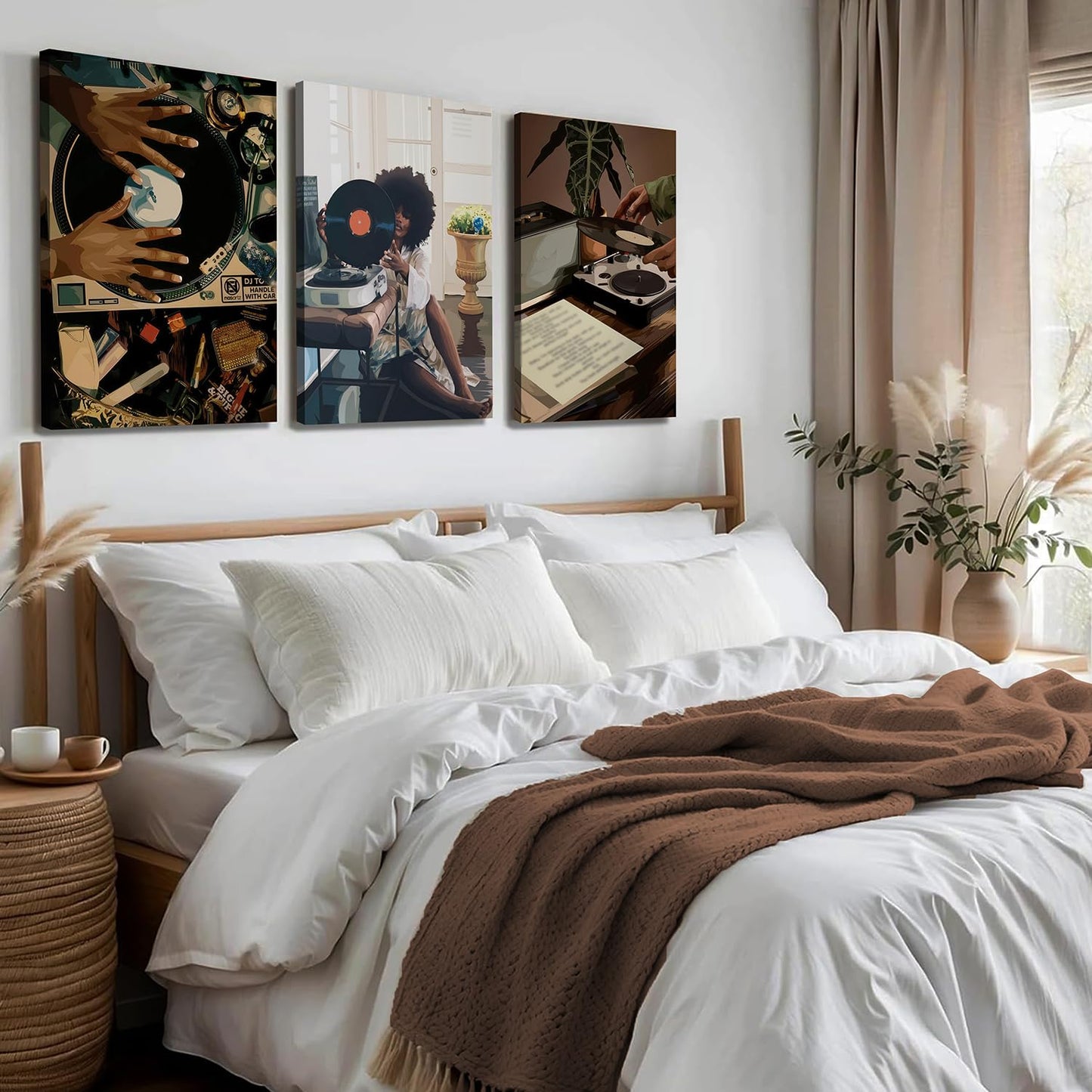 YFvrPt Black Girl Wall Art Decor Modern Black Woman Painting Prints, Set of 3 African American Music Record Player Poster Canvas Artwork for Bedroom Living Room 12x16 inch Framed