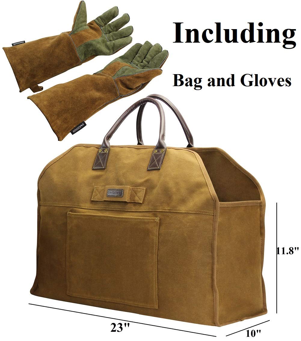INNO STAGE Firewood Log Carrier Bag Waxed Canvas Tote Holder with Fireplace Pure Leather Gloves for Hay Hauling Outdoor Camping, BBQ Barbecue