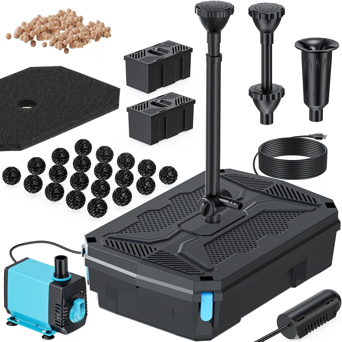Antfraer Pond Filter Fountain Pump Kits with UV Clarifier, Pond Filter Box with 40W 660GPH Submersible Pump, KOI Pond Filter for Outdoor Ponds Garden Fountain Waterfall Aquarium Koi Pond