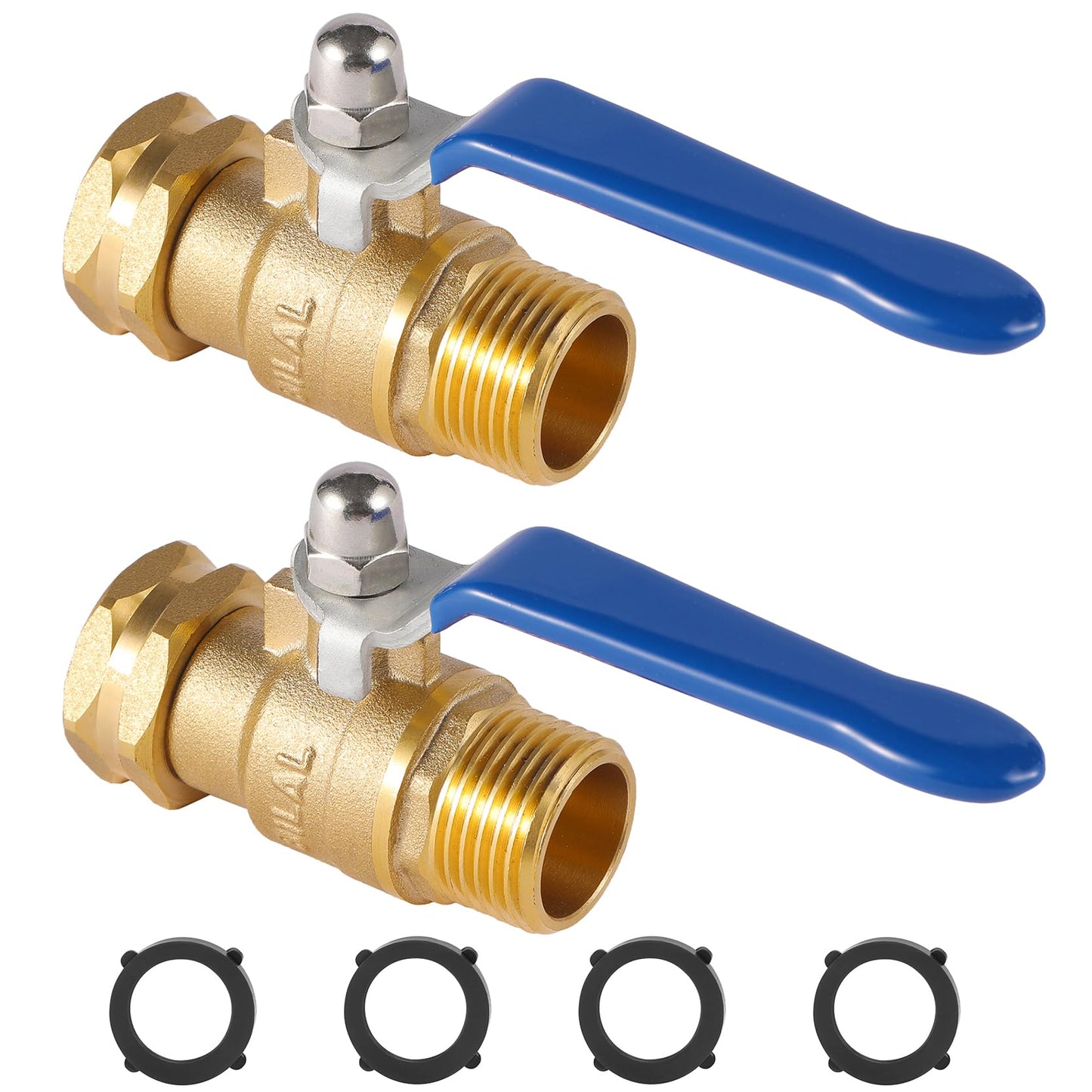 BILAL Heavy Duty Garden Hose Shut Off Valve with Long Handle, High Flow Hose Ball Valve 3/4" GHT Brass Water Valve Shutoff Tool with Rubber Washers, Garden Hose Connector Adapter Fittings (2 Pack)