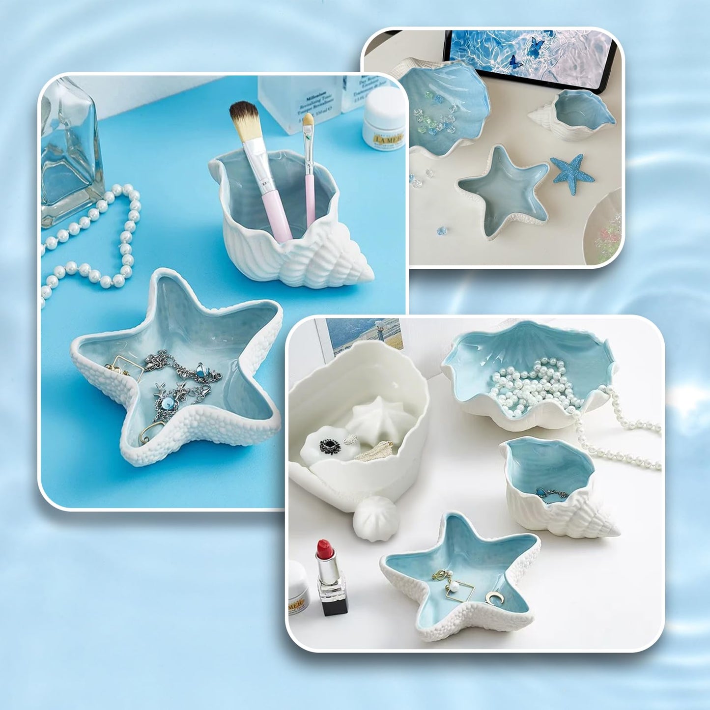 GeryVtee 3 Pcs Starfish Shape Ceramic Jewelry Tray Aqua Shell Trinket Dish Conch Shape Ceramic Jewelry Tray Ring Earring Holder Ocean Themed Trinket Plate Decorative Earring Rings Bracelet