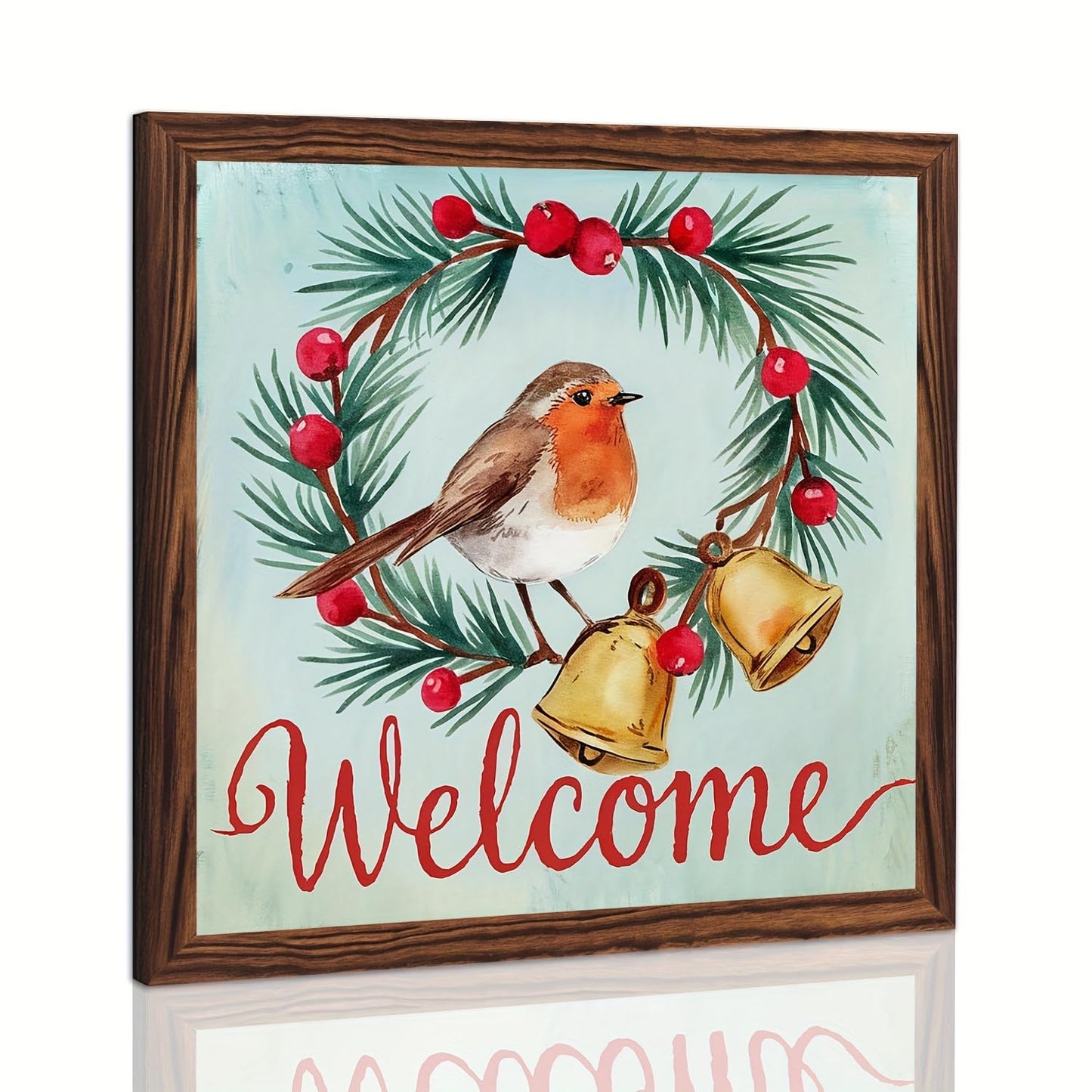 Welcome Sign Decorative Wooden Framed Sign Christmas Decor Sign Winter Robin and Berries Wall Art for Christmas, Entryway, Home 8x8 Inch